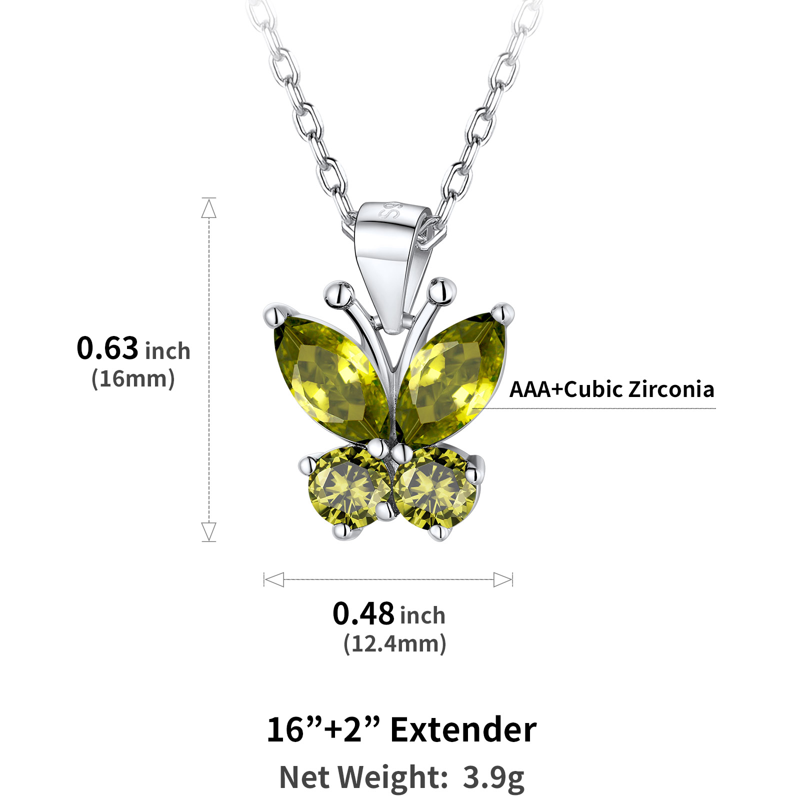 Cute Sparkle Cubic Zirconia Birthstone Butterfly Necklace Details: Dimensions, Hypoallergenic, Lobster-Claw-Clasps