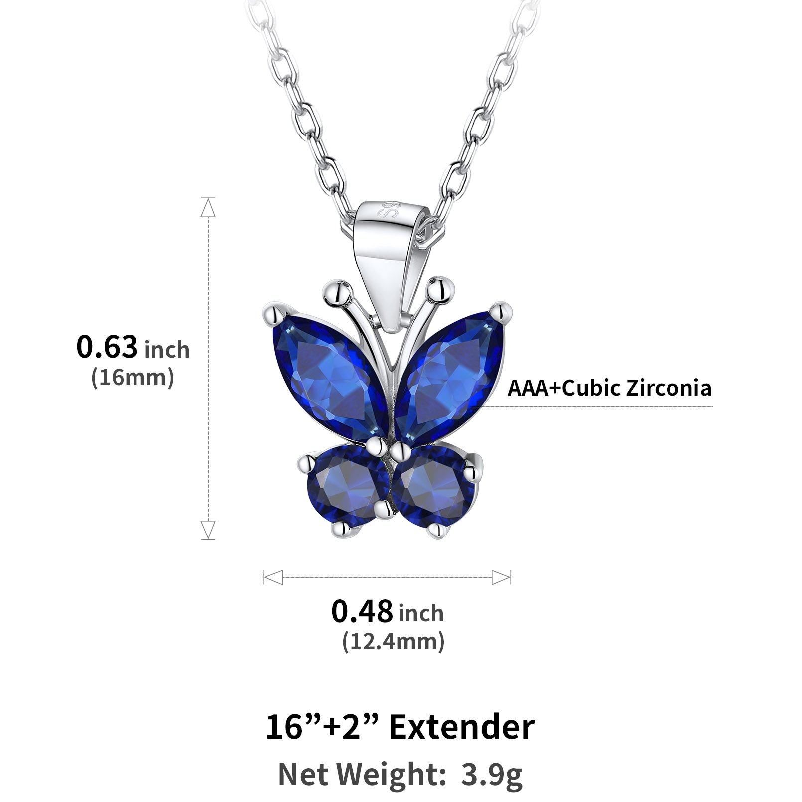 Cute Sparkle Cubic Zirconia Birthstone Butterfly Necklace Details: Dimensions, Hypoallergenic, Lobster-Claw-Clasps