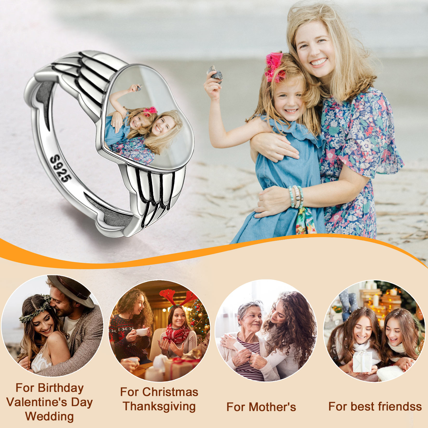 Sterling Silver Heart Wings Custom Photo Ring For Her