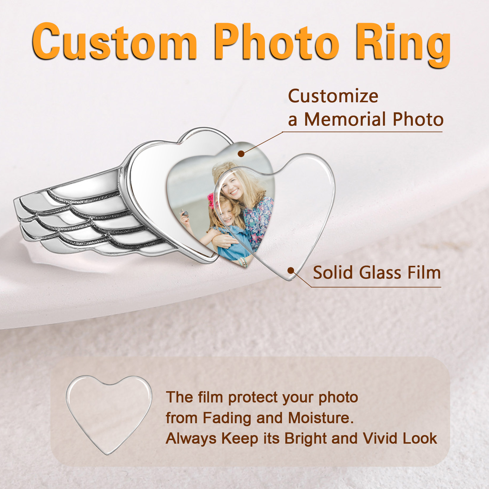 Sterling Silver Heart Wings Custom Photo Ring For Her