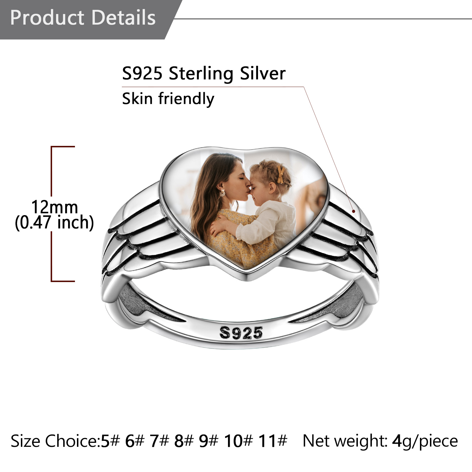 Sterling Silver Heart Wings Custom Photo Ring For Her