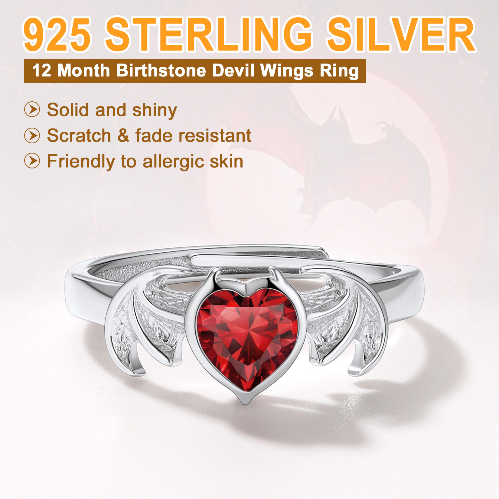 Sterling Silver Heart Birthstone Demon wings Adjustable Ring for Her