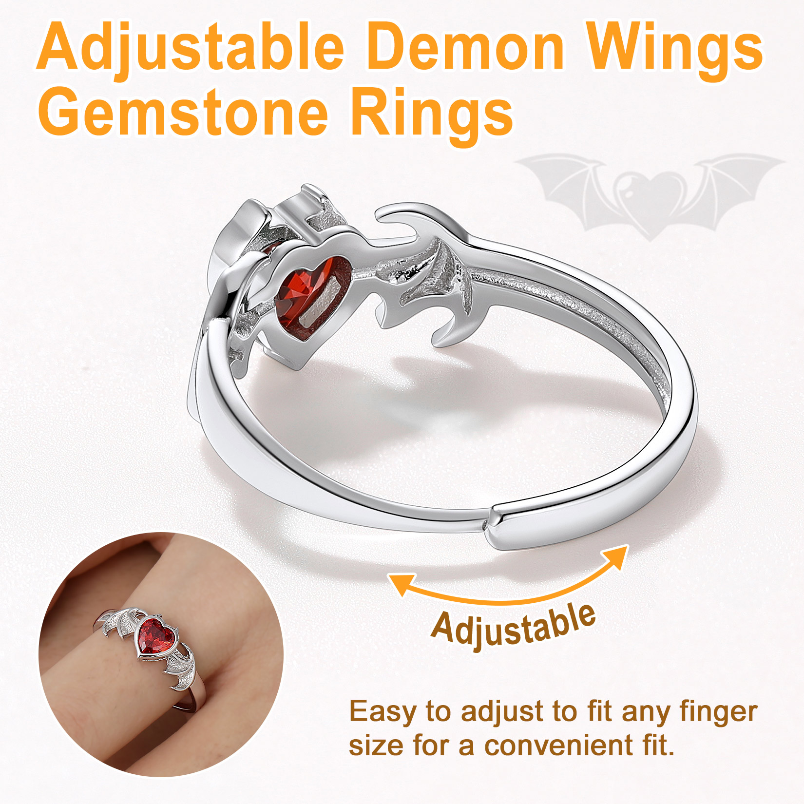 Sterling Silver Heart Birthstone Demon wings Adjustable Ring for Her