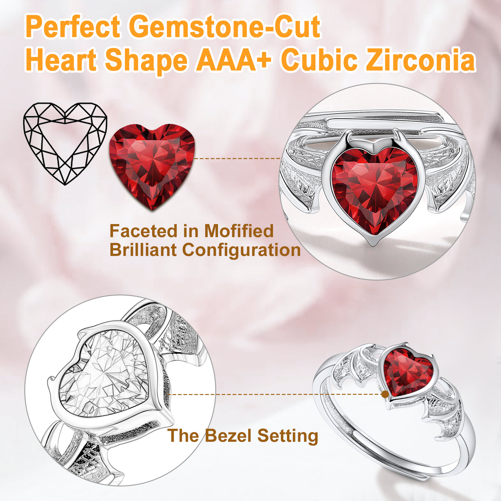 Sterling Silver Heart Birthstone Demon wings Adjustable Ring for Her
