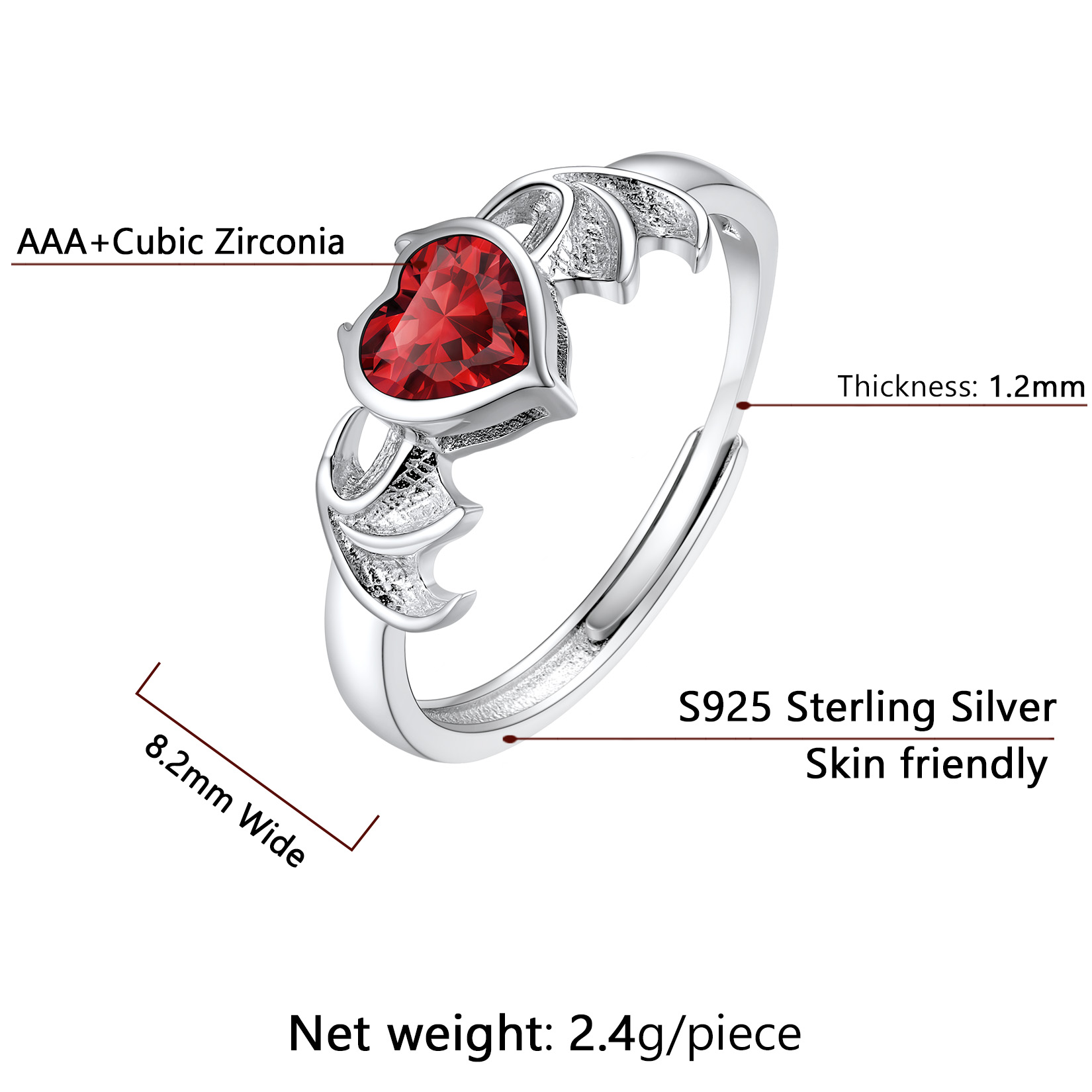 Sterling Silver Heart Birthstone Demon wings Adjustable Ring for Her