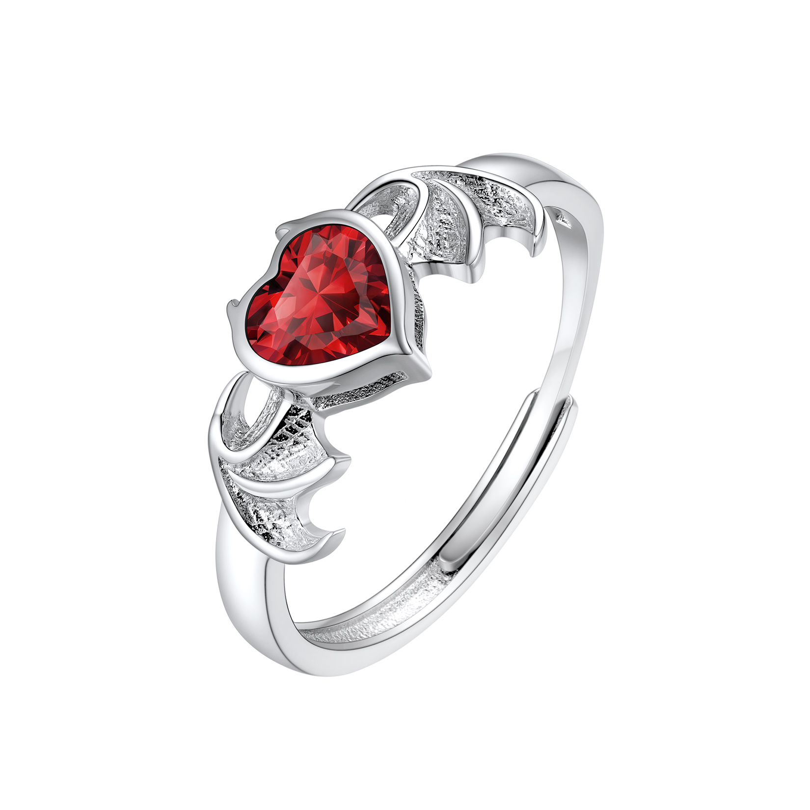 Sterling Silver Heart Birthstone Demon wings Adjustable Ring for Her