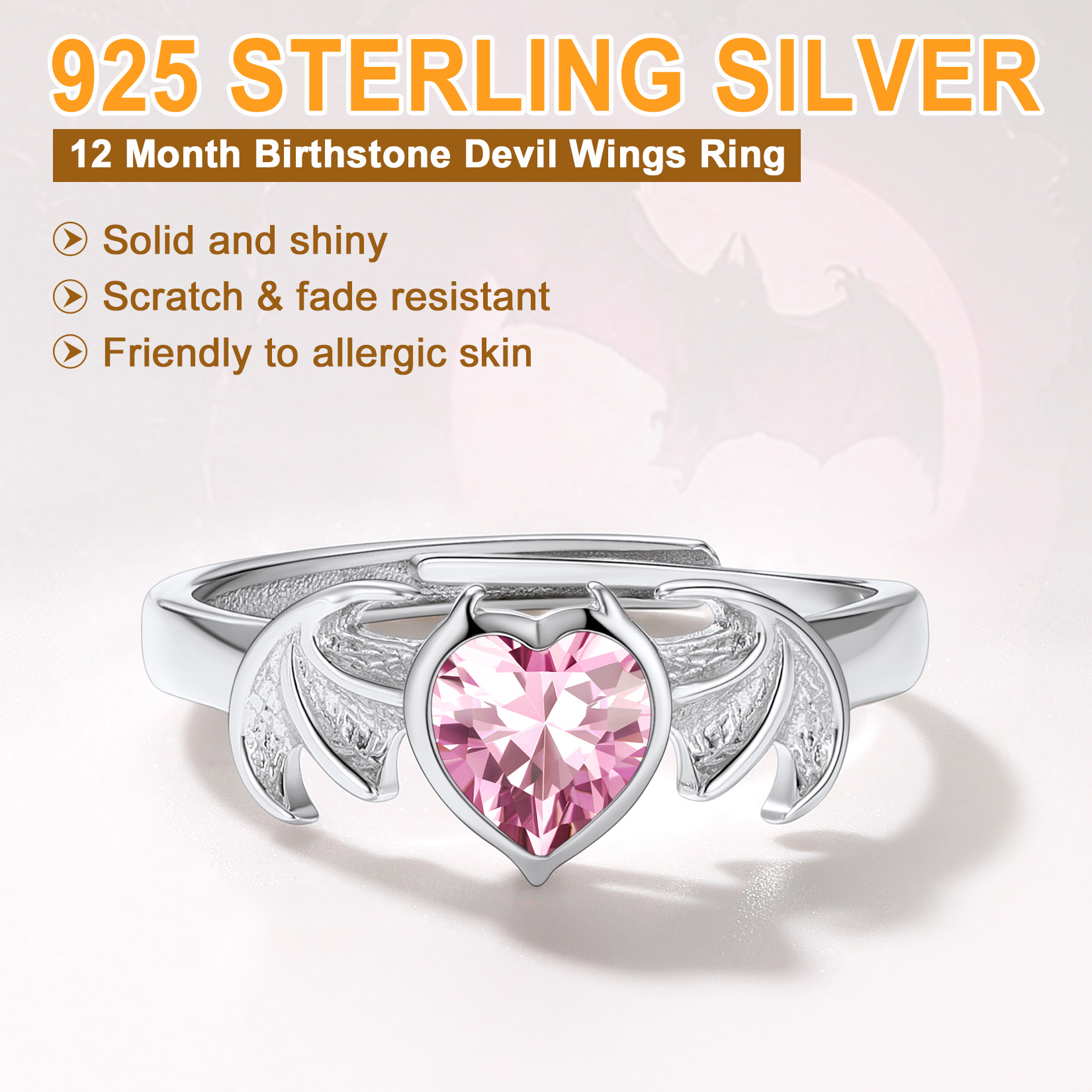 Sterling Silver Heart Birthstone Demon wings Adjustable Ring for Her