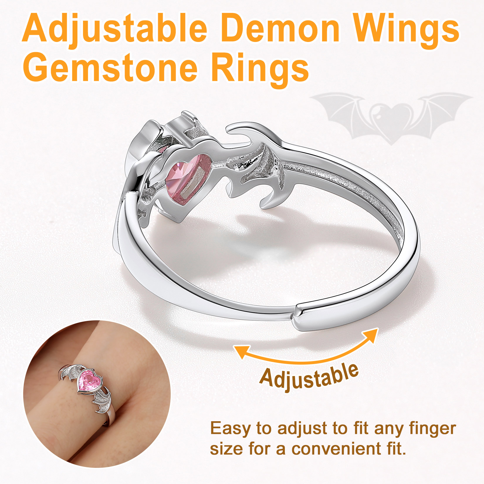 Sterling Silver Heart Birthstone Demon wings Adjustable Ring for Her