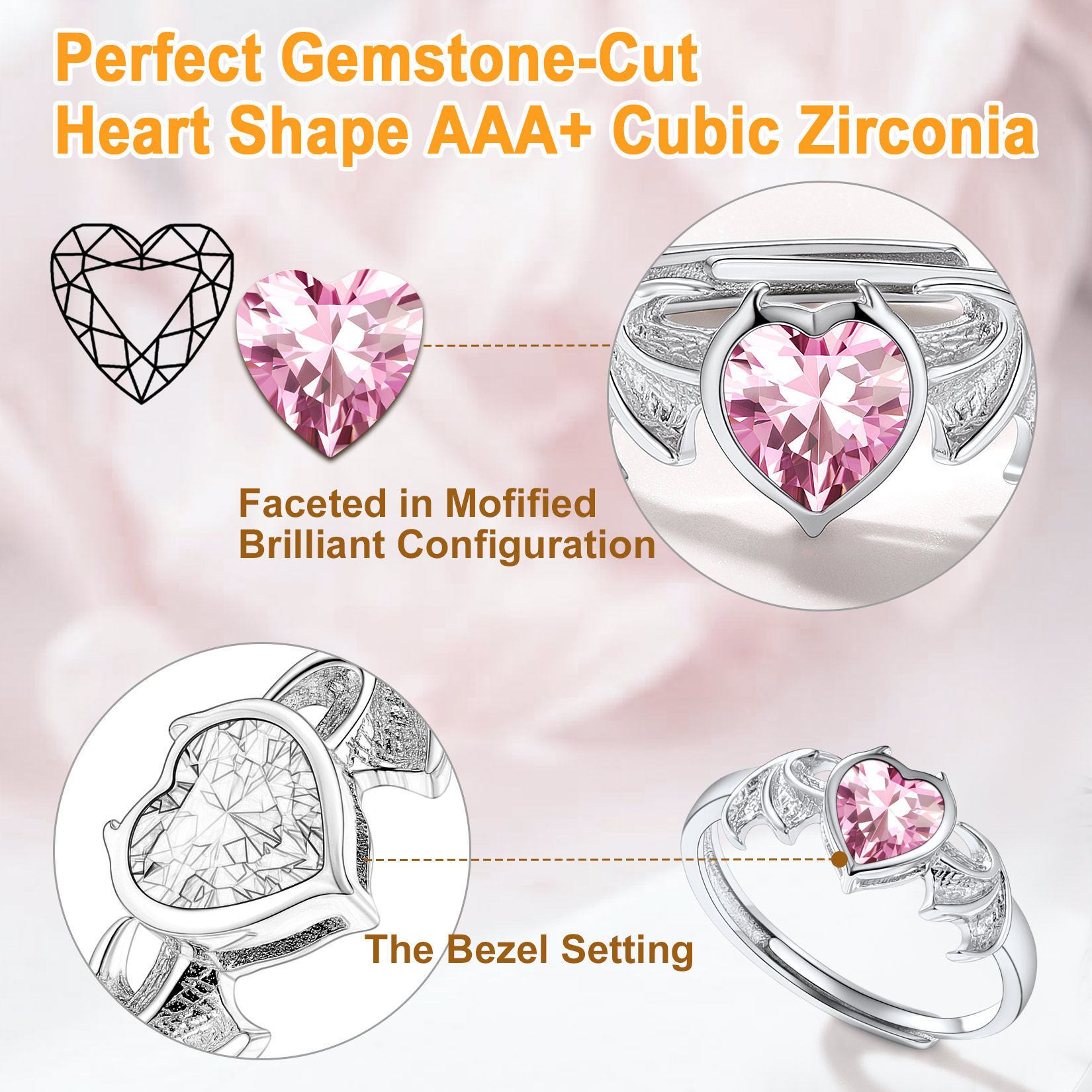 Sterling Silver Heart Birthstone Demon wings Adjustable Ring for Her