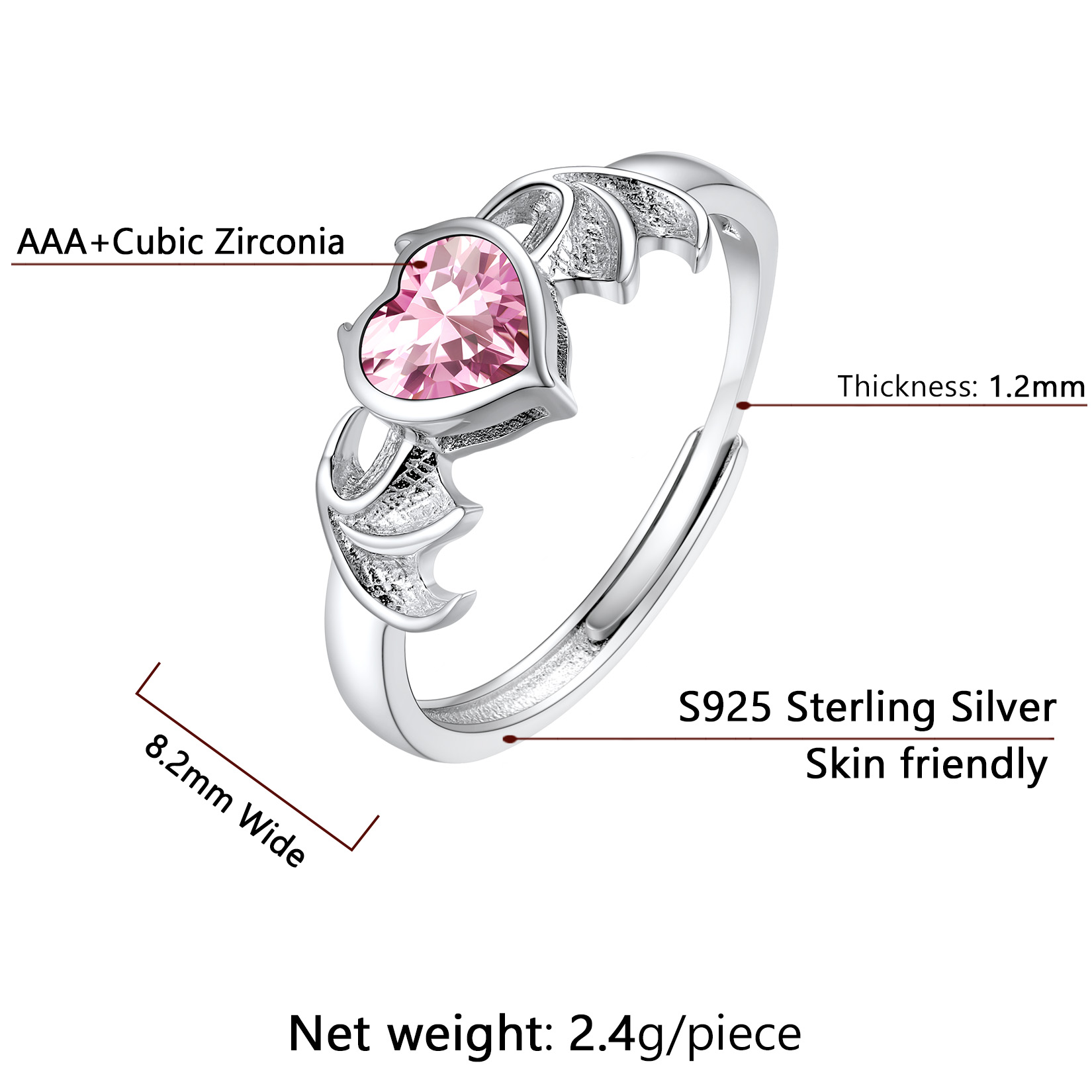Sterling Silver Heart Birthstone Demon wings Adjustable Ring for Her