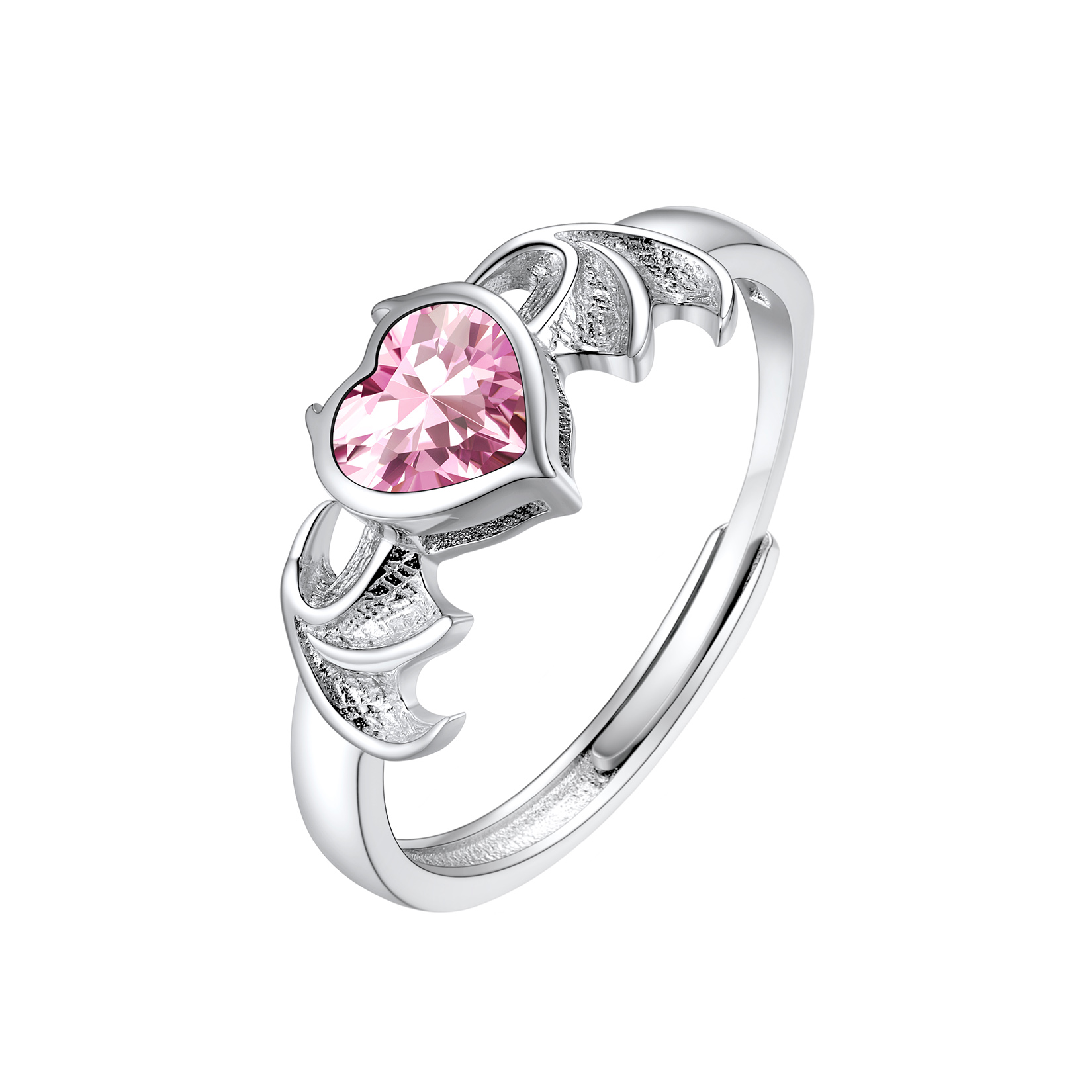 Sterling Silver Heart Birthstone Demon wings Adjustable Ring for Her