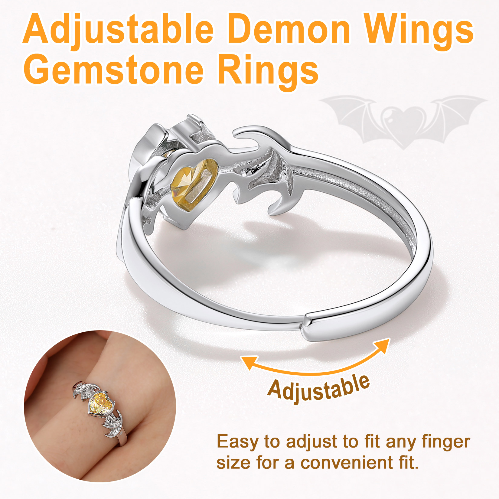 Sterling Silver Heart Birthstone Demon wings Adjustable Ring for Her
