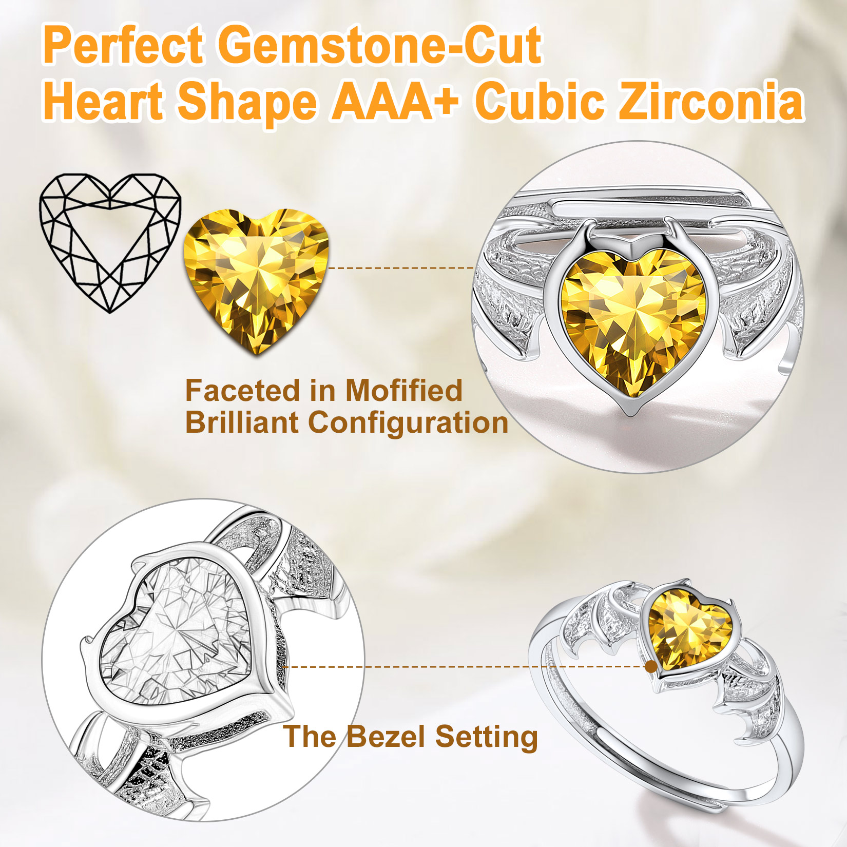 Sterling Silver Heart Birthstone Demon wings Adjustable Ring for Her