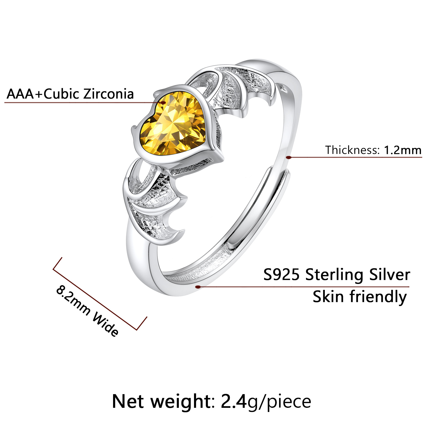 Sterling Silver Heart Birthstone Demon wings Adjustable Ring for Her