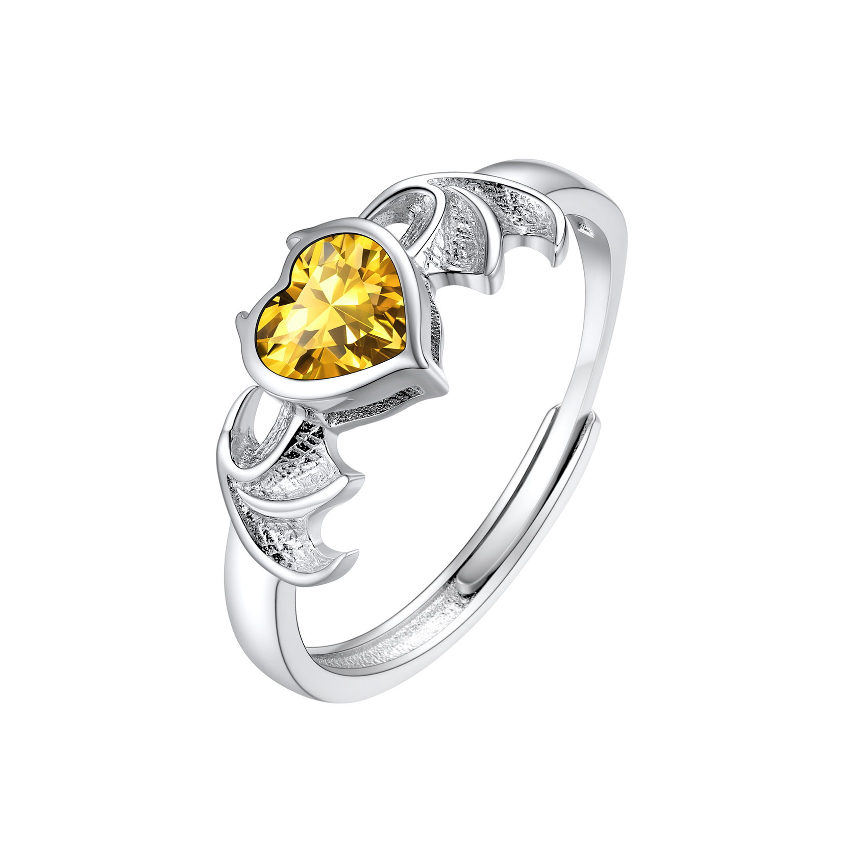 Sterling Silver Heart Birthstone Demon wings Adjustable Ring for Her