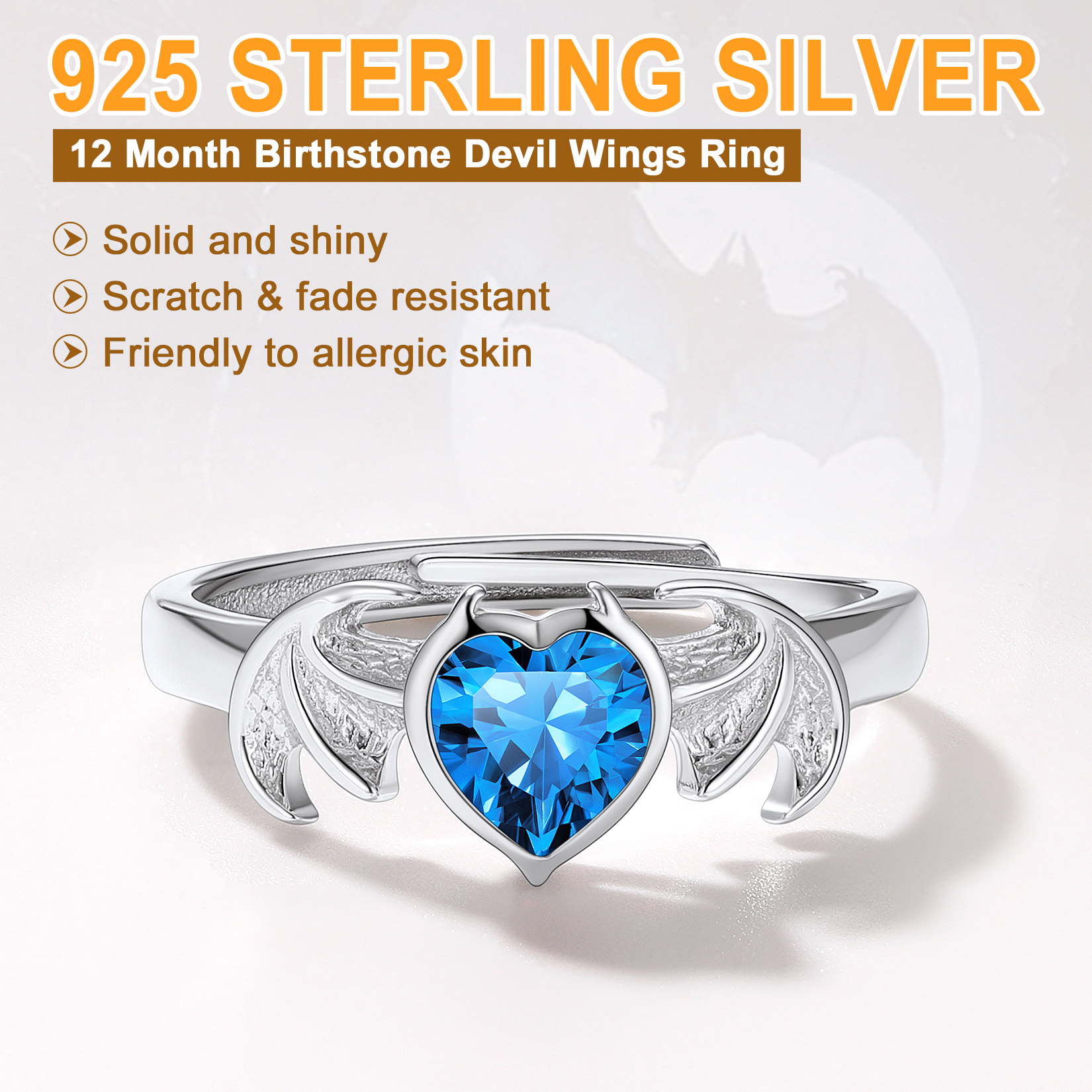 Sterling Silver Heart Birthstone Demon wings Adjustable Ring for Her