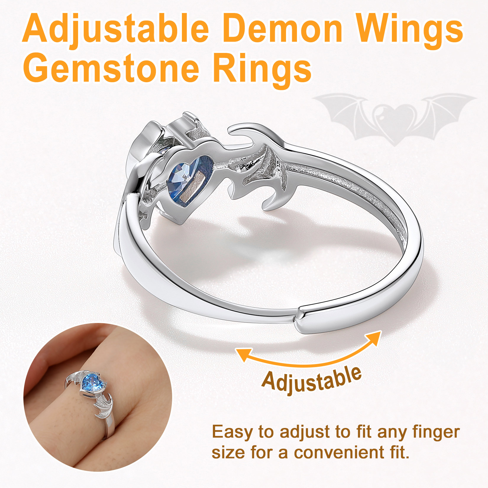 Sterling Silver Heart Birthstone Demon wings Adjustable Ring for Her