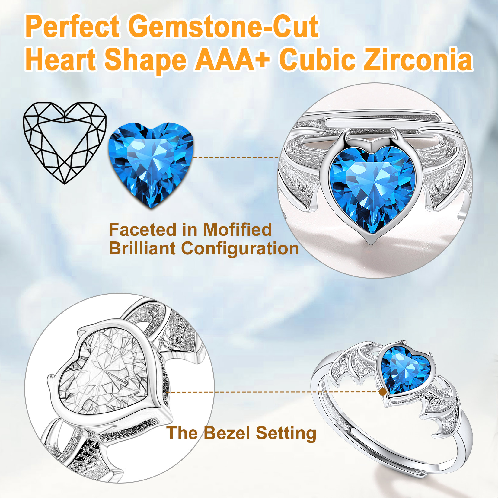 Sterling Silver Heart Birthstone Demon wings Adjustable Ring for Her