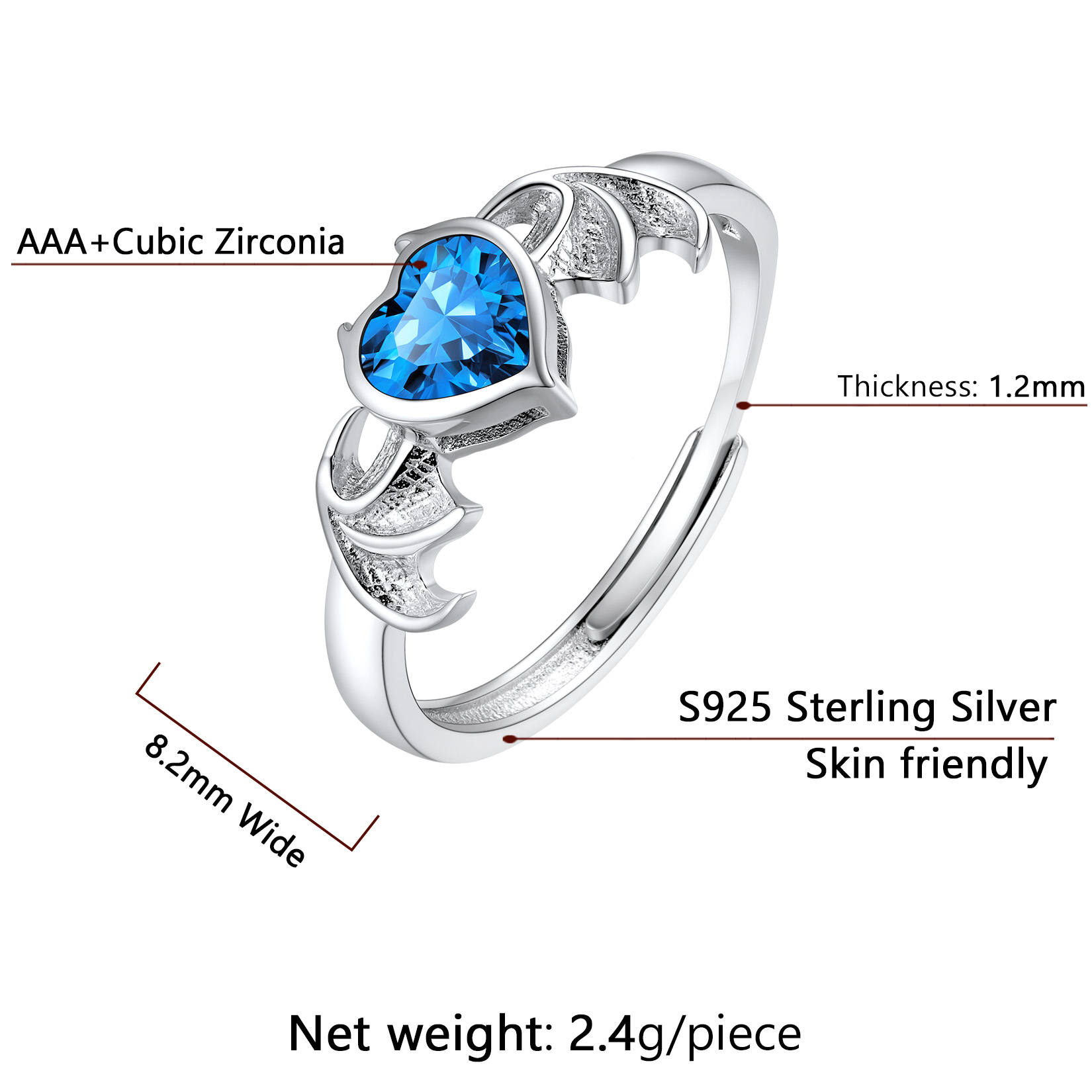 Sterling Silver Heart Birthstone Demon wings Adjustable Ring for Her