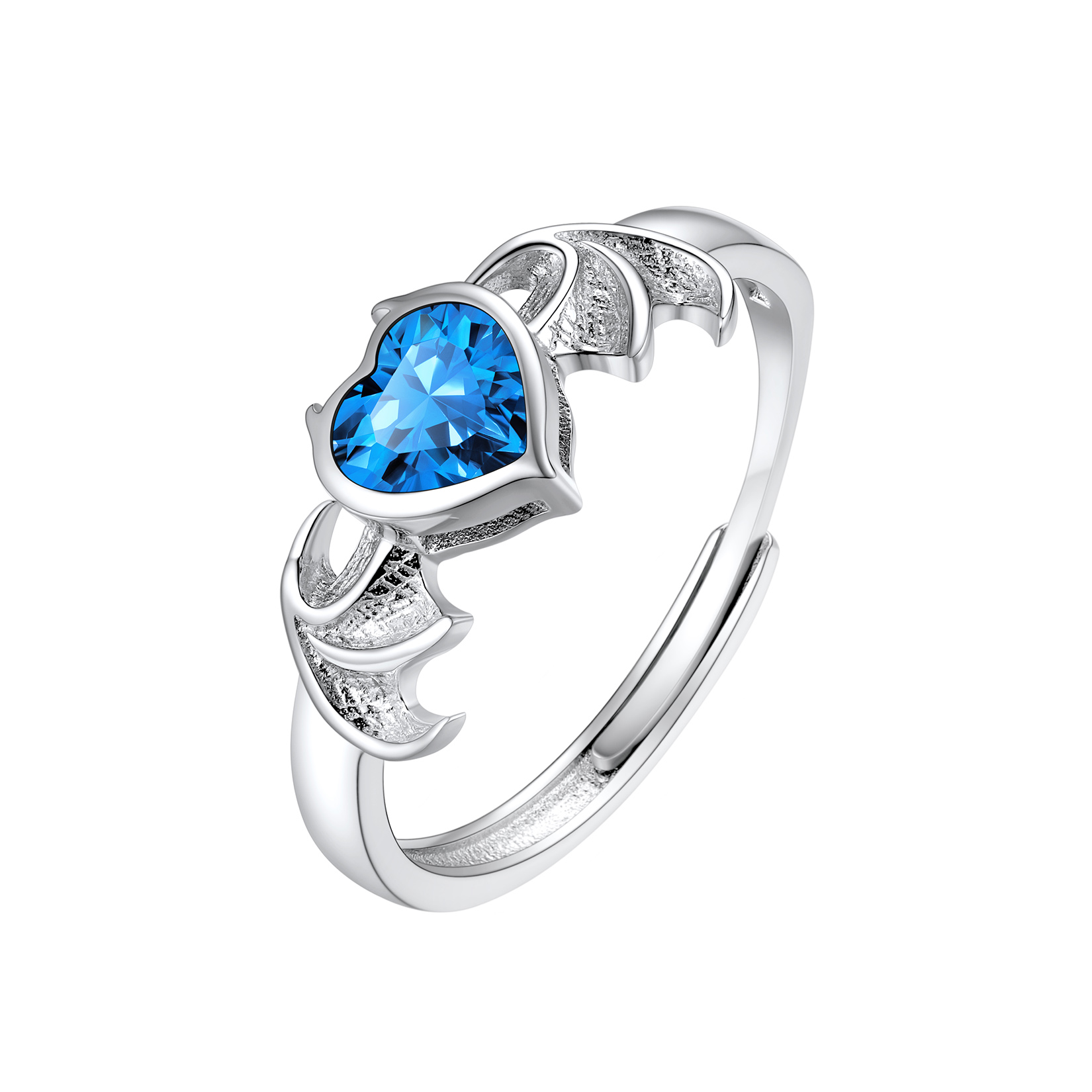 Sterling Silver Heart Birthstone Demon wings Adjustable Ring for Her