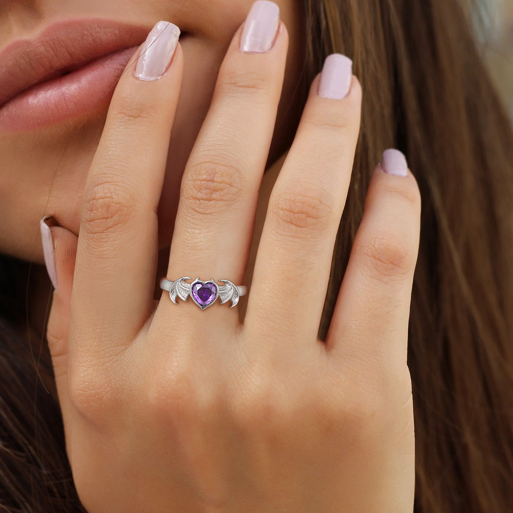 Sterling Silver Heart Birthstone Demon wings Adjustable Ring for Her
