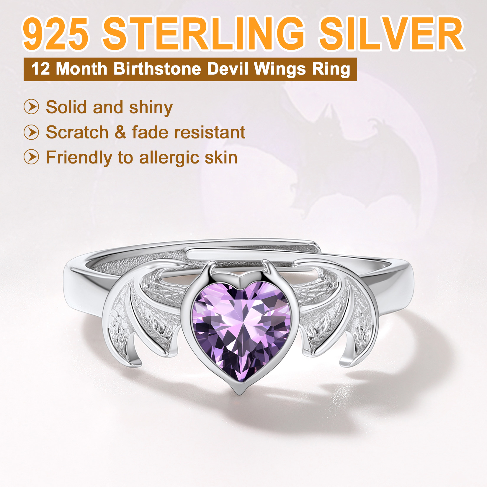 Sterling Silver Heart Birthstone Demon wings Adjustable Ring for Her