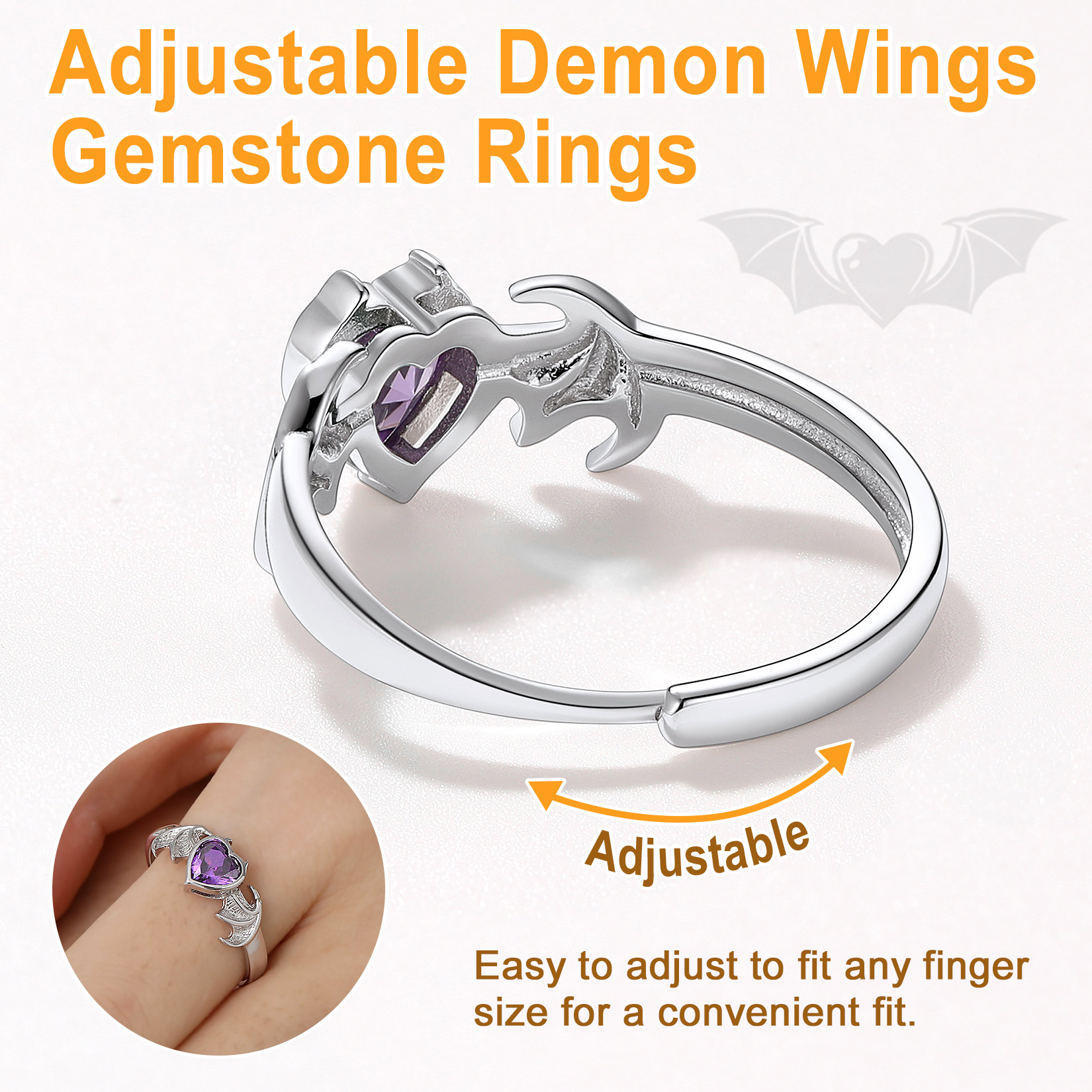 Sterling Silver Heart Birthstone Demon wings Adjustable Ring for Her