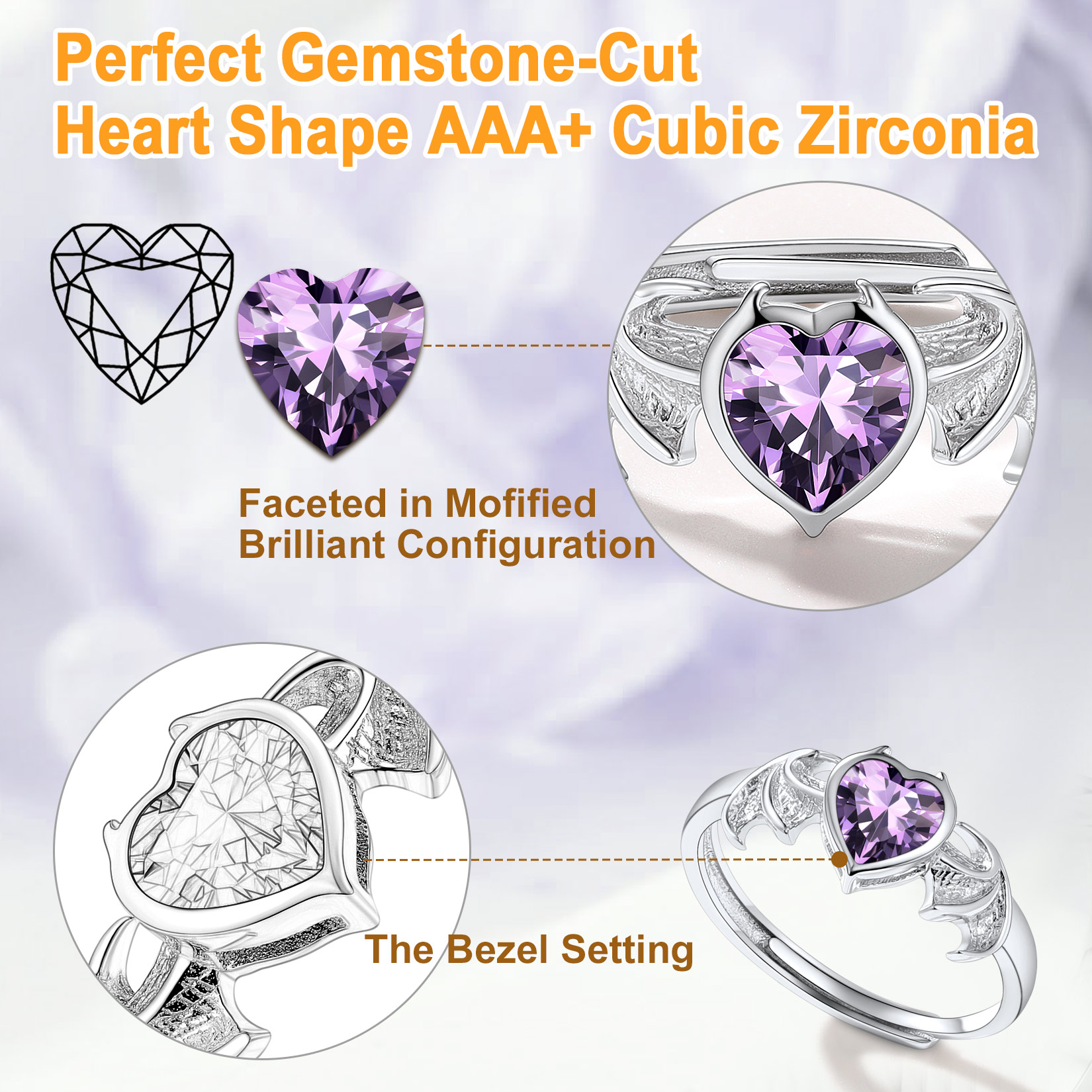 Sterling Silver Heart Birthstone Demon wings Adjustable Ring for Her