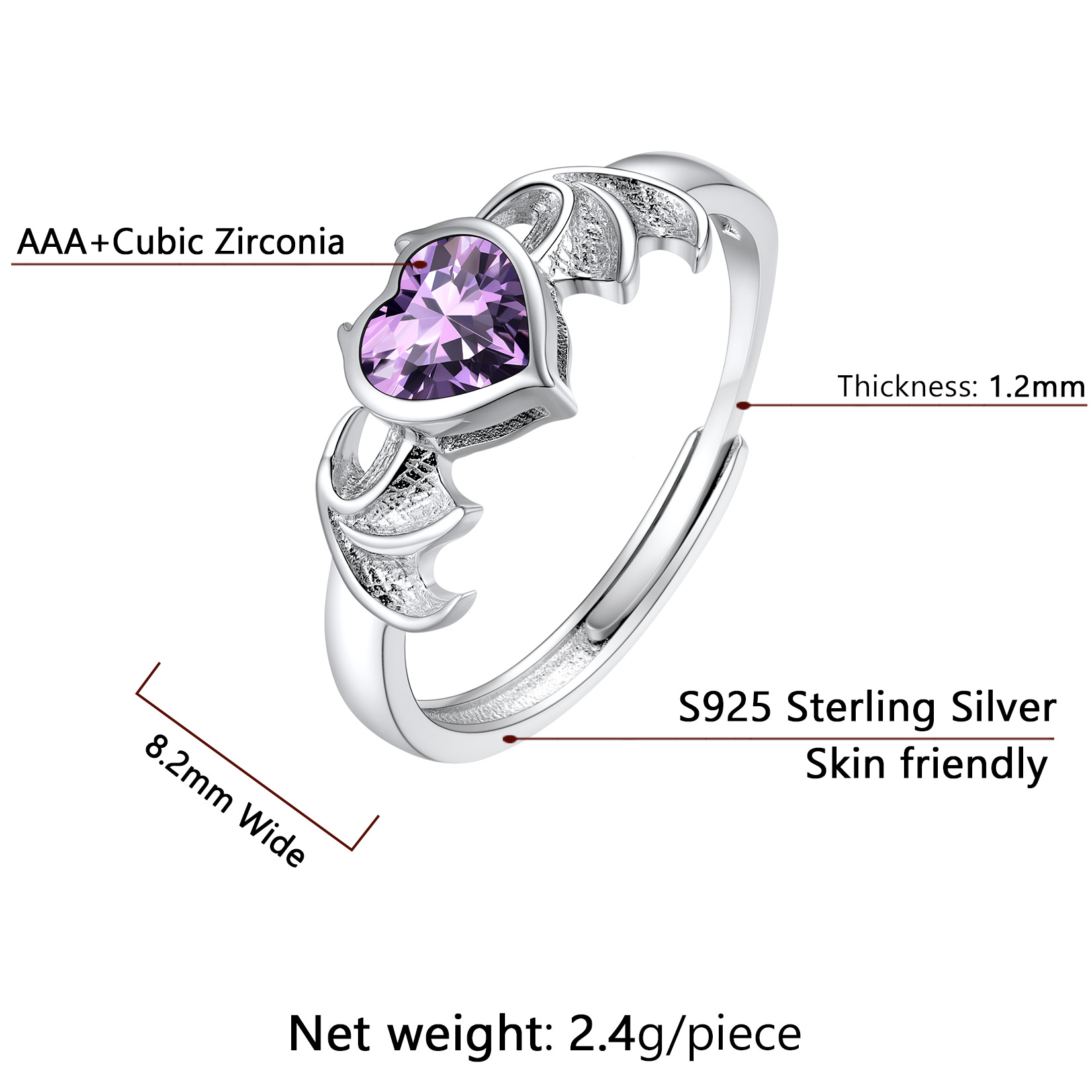 Sterling Silver Heart Birthstone Demon wings Adjustable Ring for Her