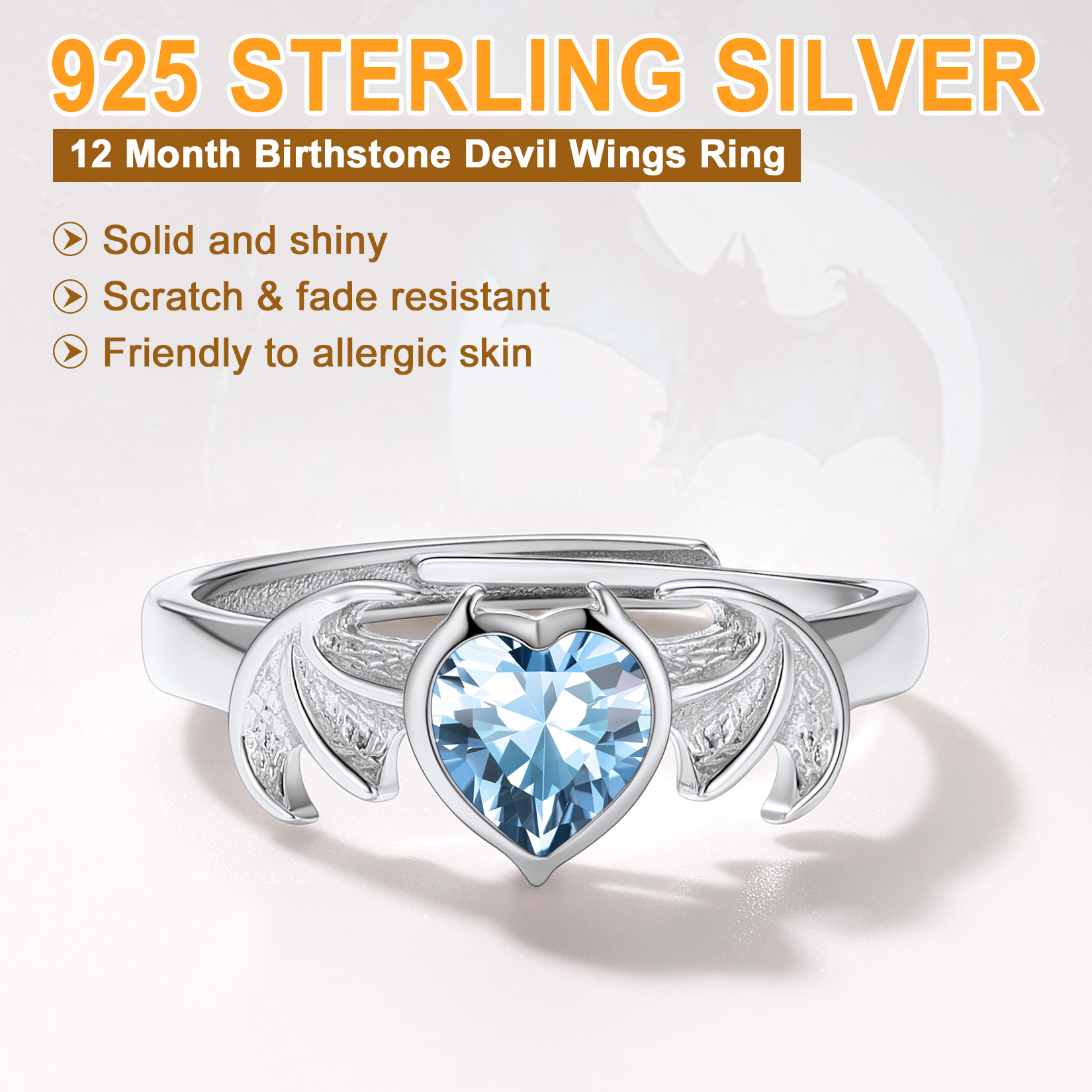 Sterling Silver Heart Birthstone Demon wings Adjustable Ring for Her