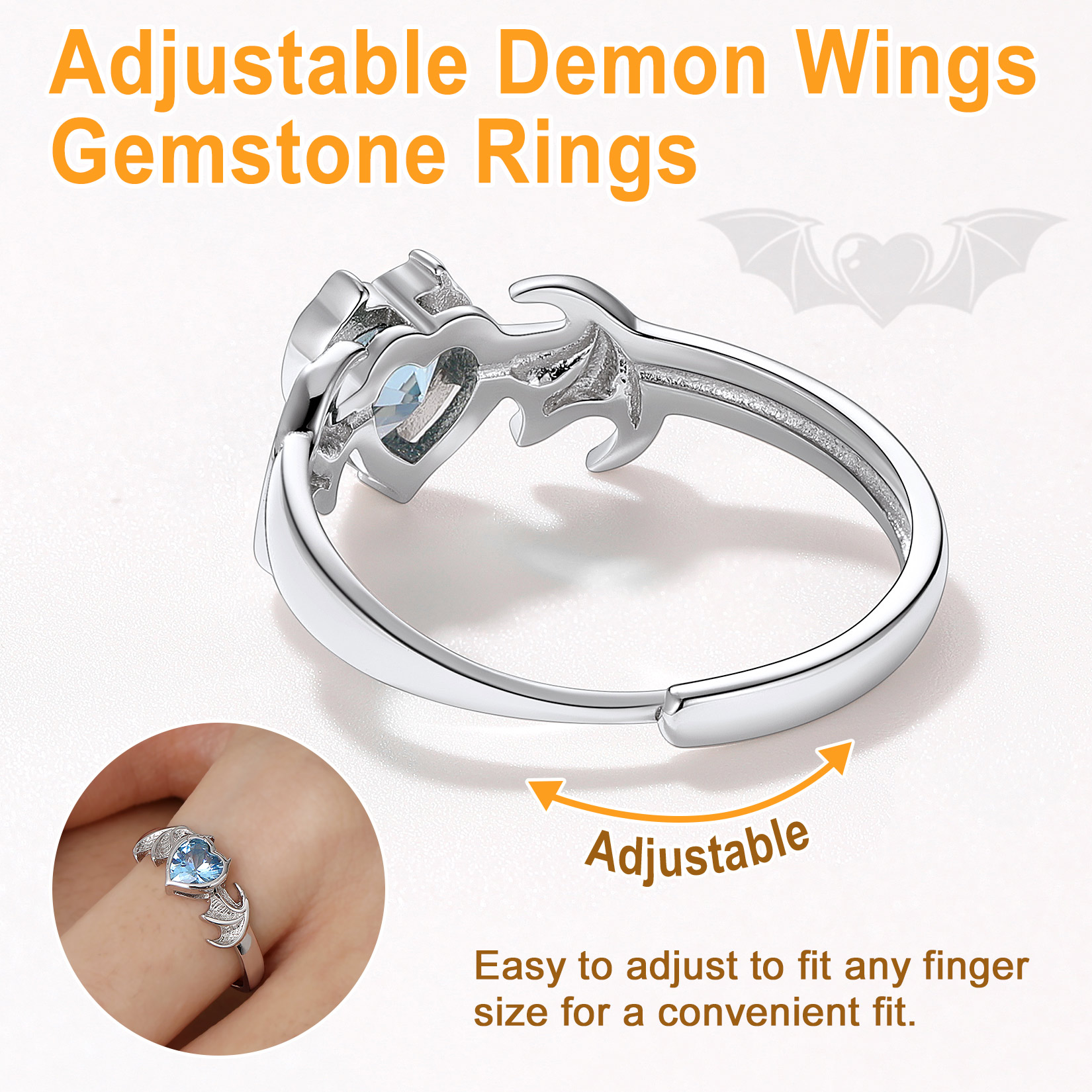 Sterling Silver Heart Birthstone Demon wings Adjustable Ring for Her