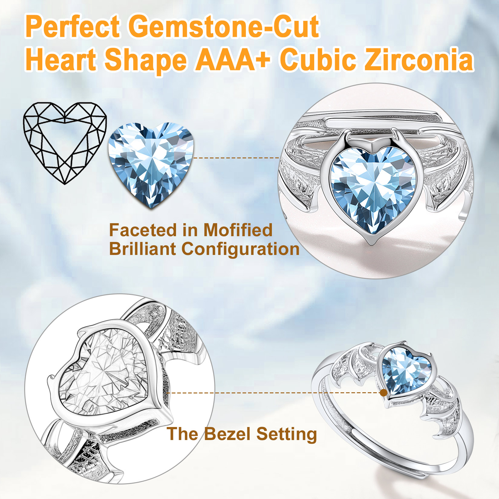 Sterling Silver Heart Birthstone Demon wings Adjustable Ring for Her