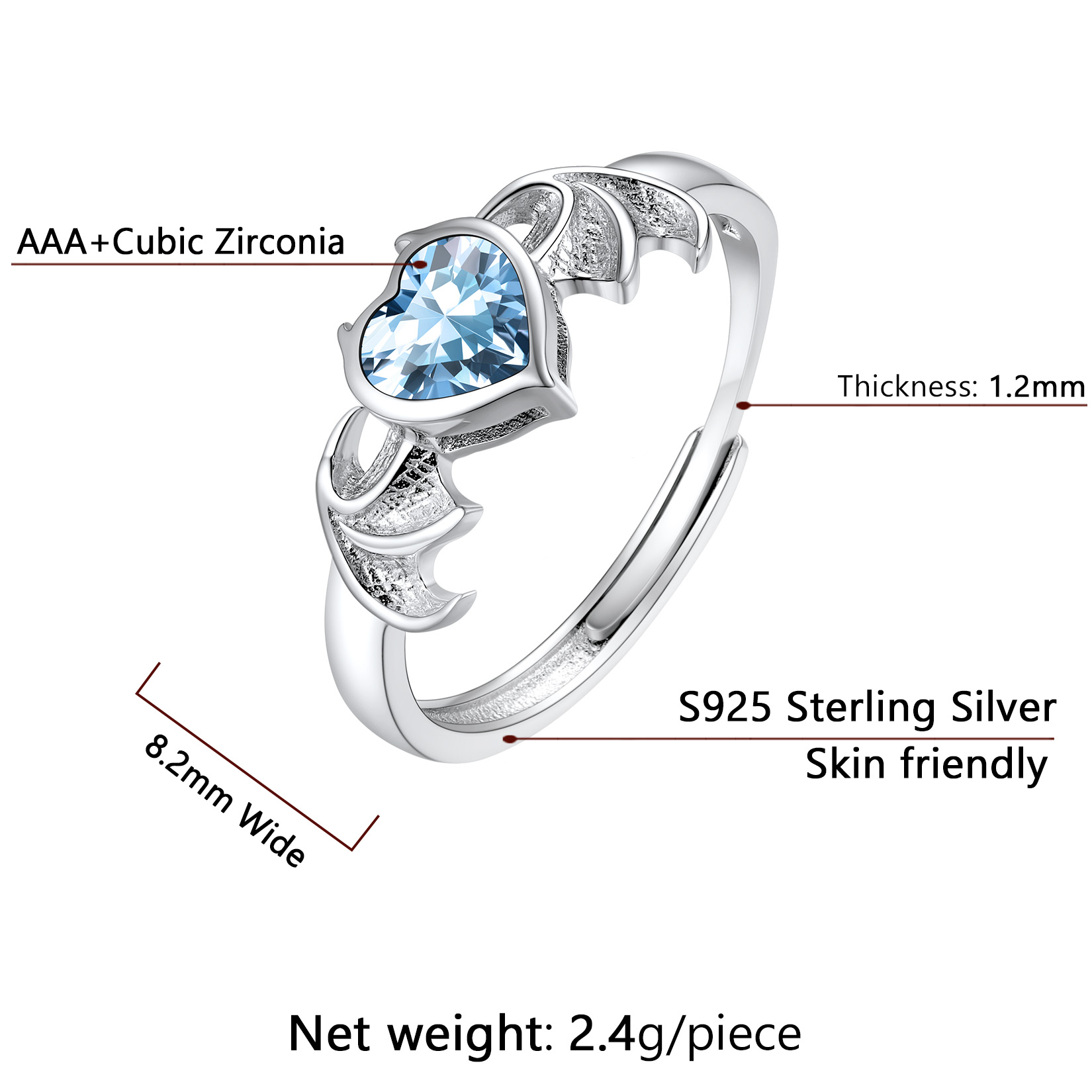 Sterling Silver Heart Birthstone Demon wings Adjustable Ring for Her