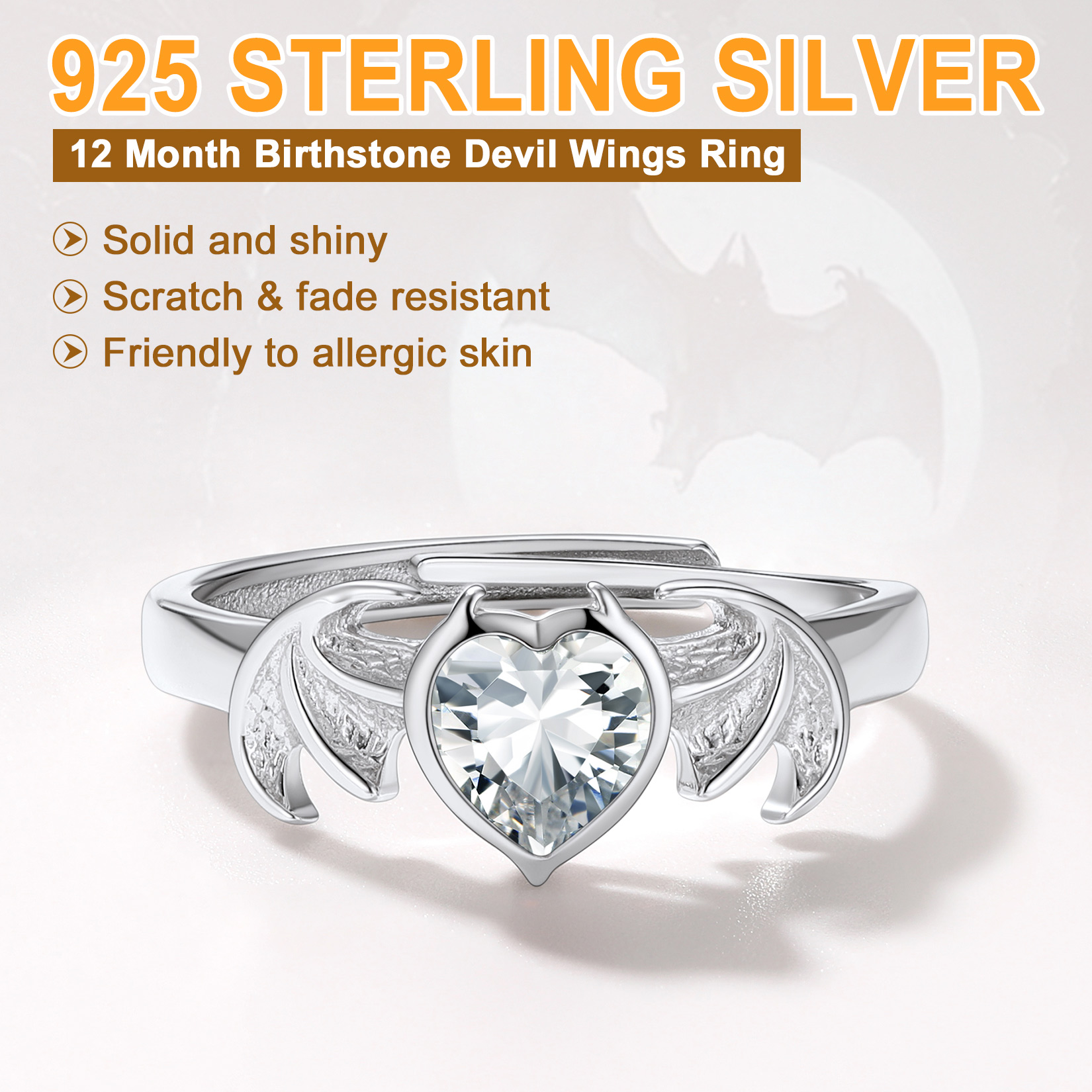 Sterling Silver Heart Birthstone Demon wings Adjustable Ring for Her