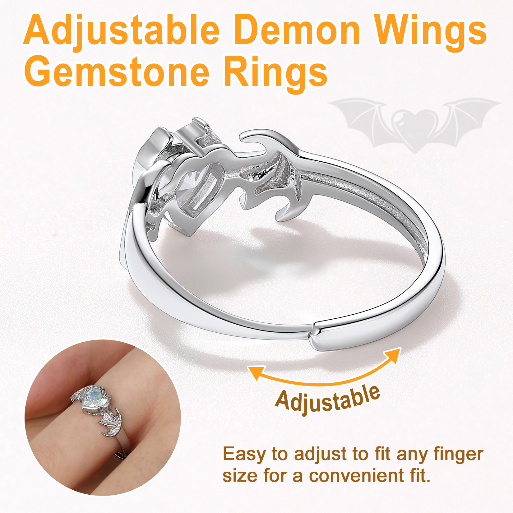 Sterling Silver Heart Birthstone Demon wings Adjustable Ring for Her
