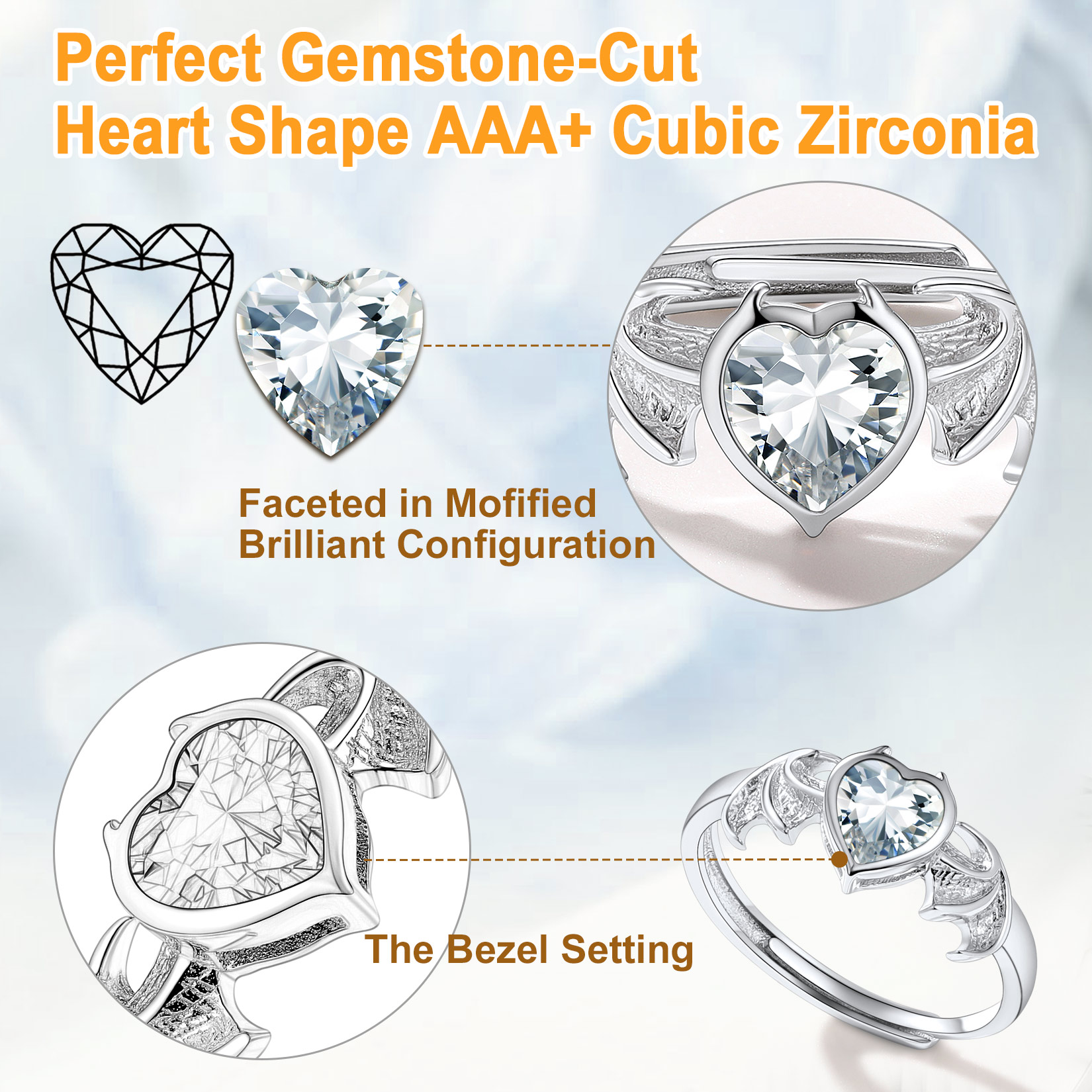 Sterling Silver Heart Birthstone Demon wings Adjustable Ring for Her