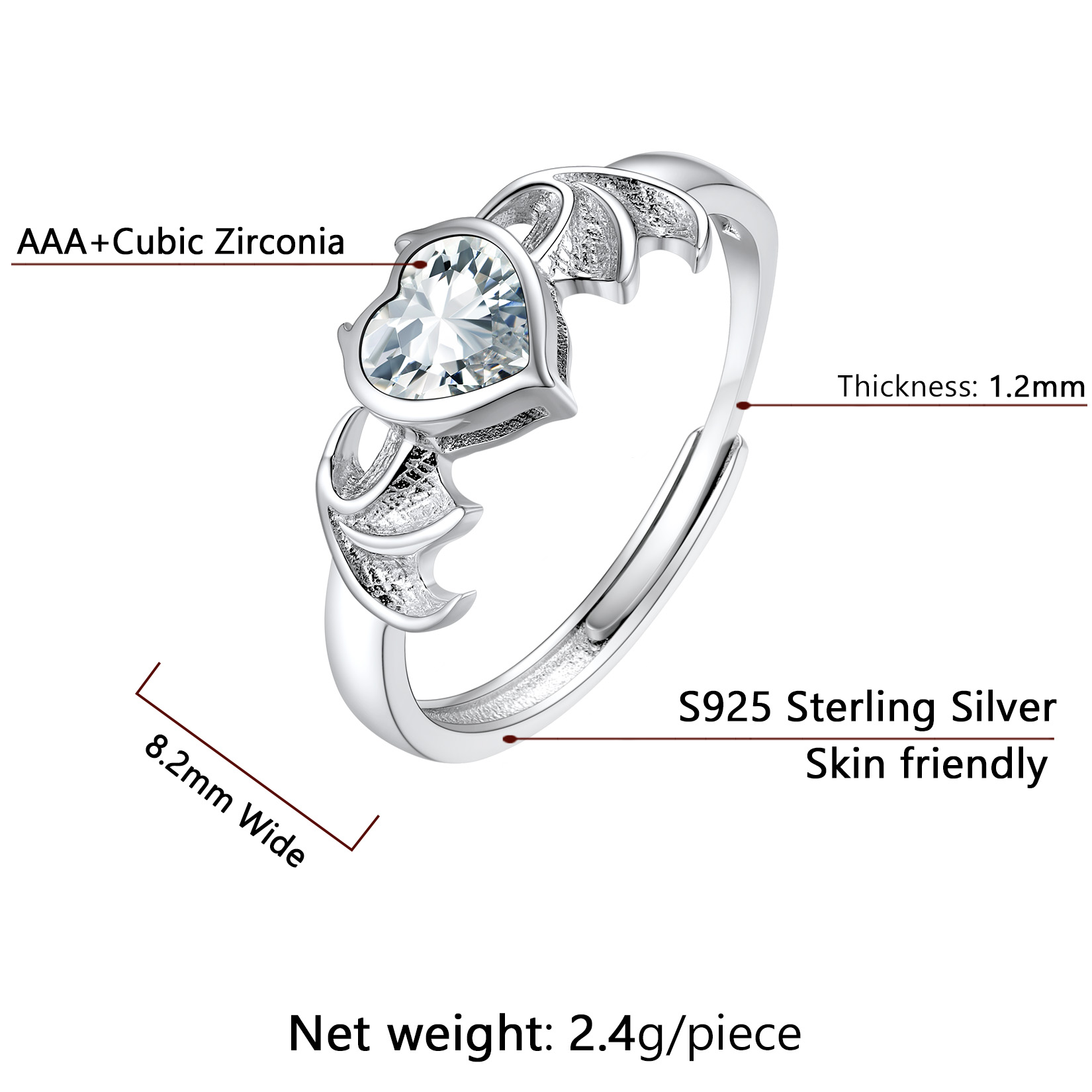 Sterling Silver Heart Birthstone Demon wings Adjustable Ring for Her