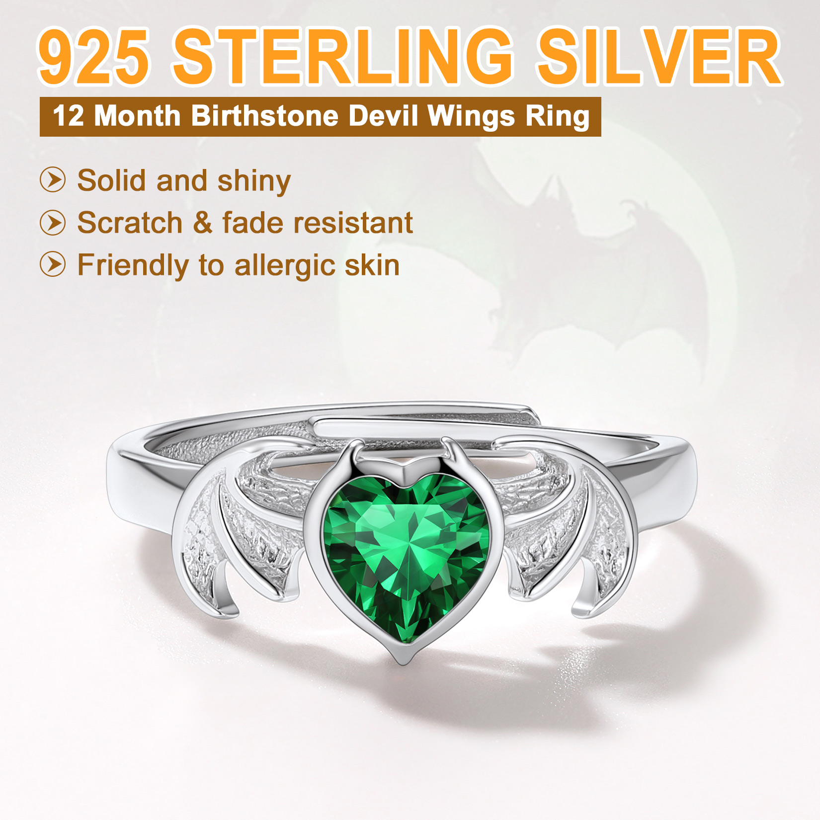 Sterling Silver Heart Birthstone Demon wings Adjustable Ring for Her