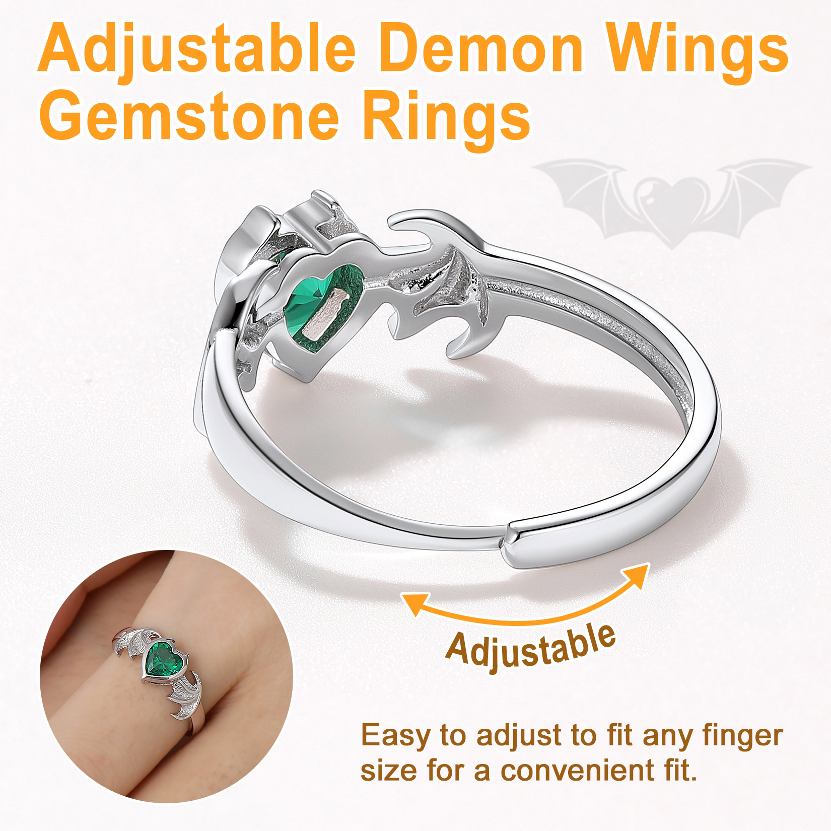 Sterling Silver Heart Birthstone Demon wings Adjustable Ring for Her