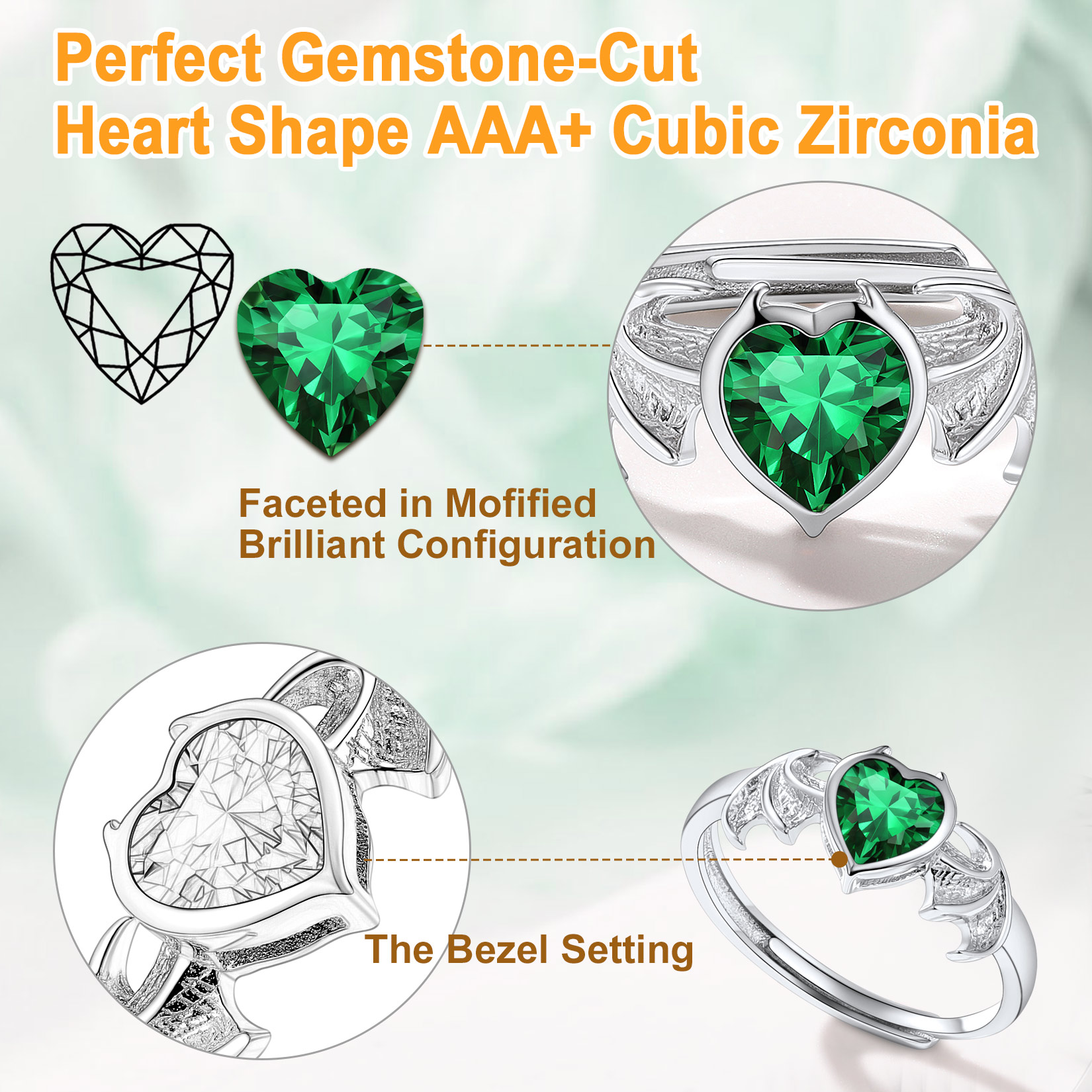 Sterling Silver Heart Birthstone Demon wings Adjustable Ring for Her