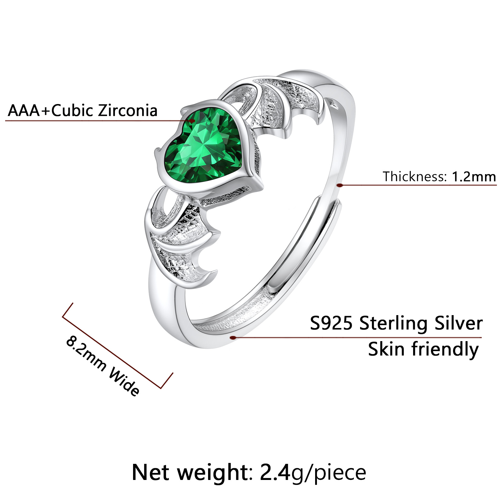 Sterling Silver Heart Birthstone Demon wings Adjustable Ring for Her