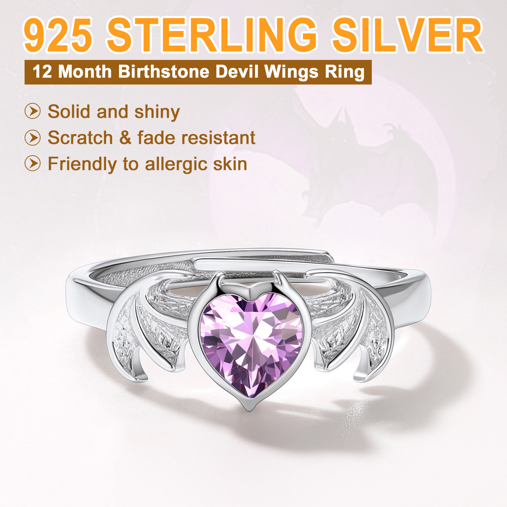 Sterling Silver Heart Birthstone Demon wings Adjustable Ring for Her