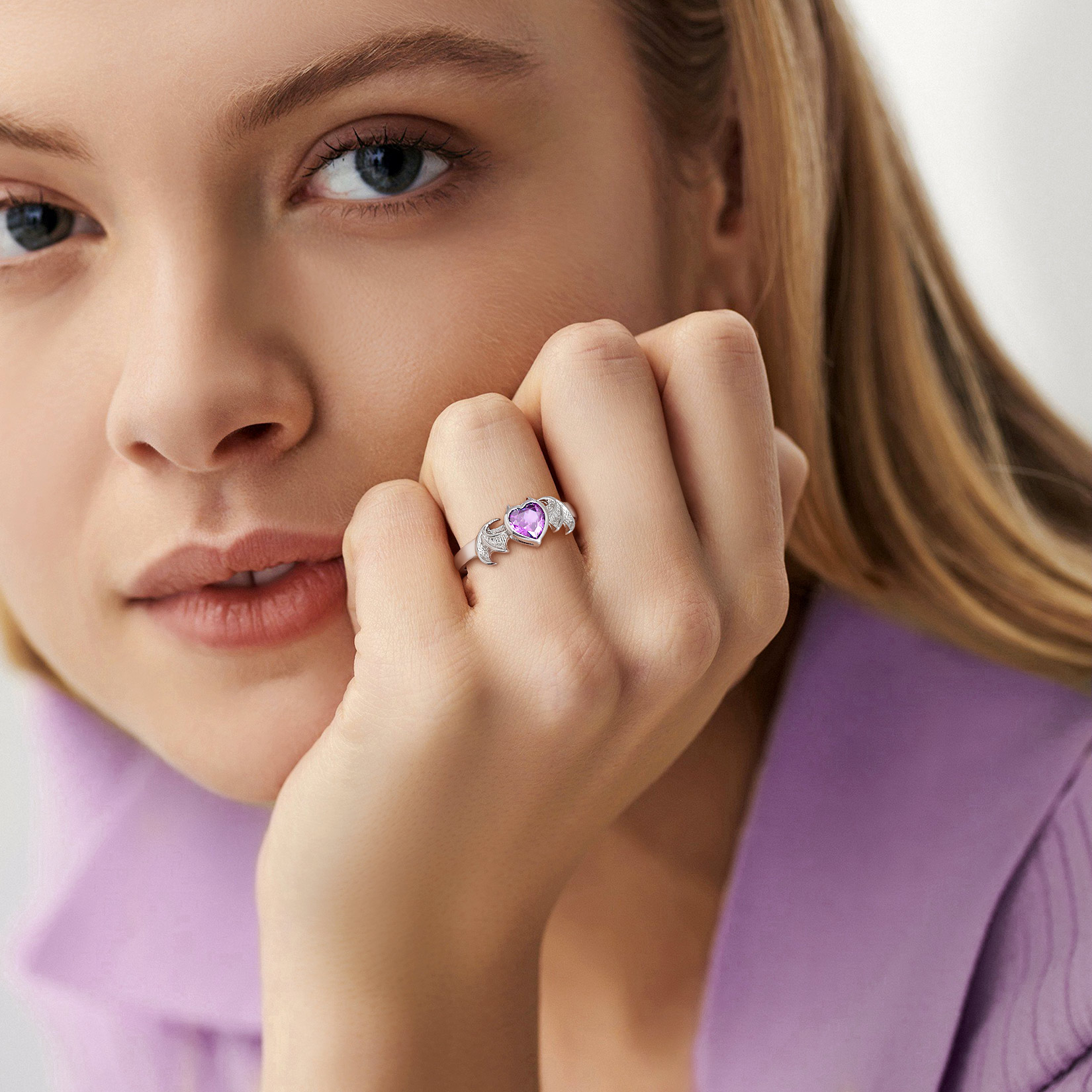 Sterling Silver Heart Birthstone Demon wings Adjustable Ring for Her