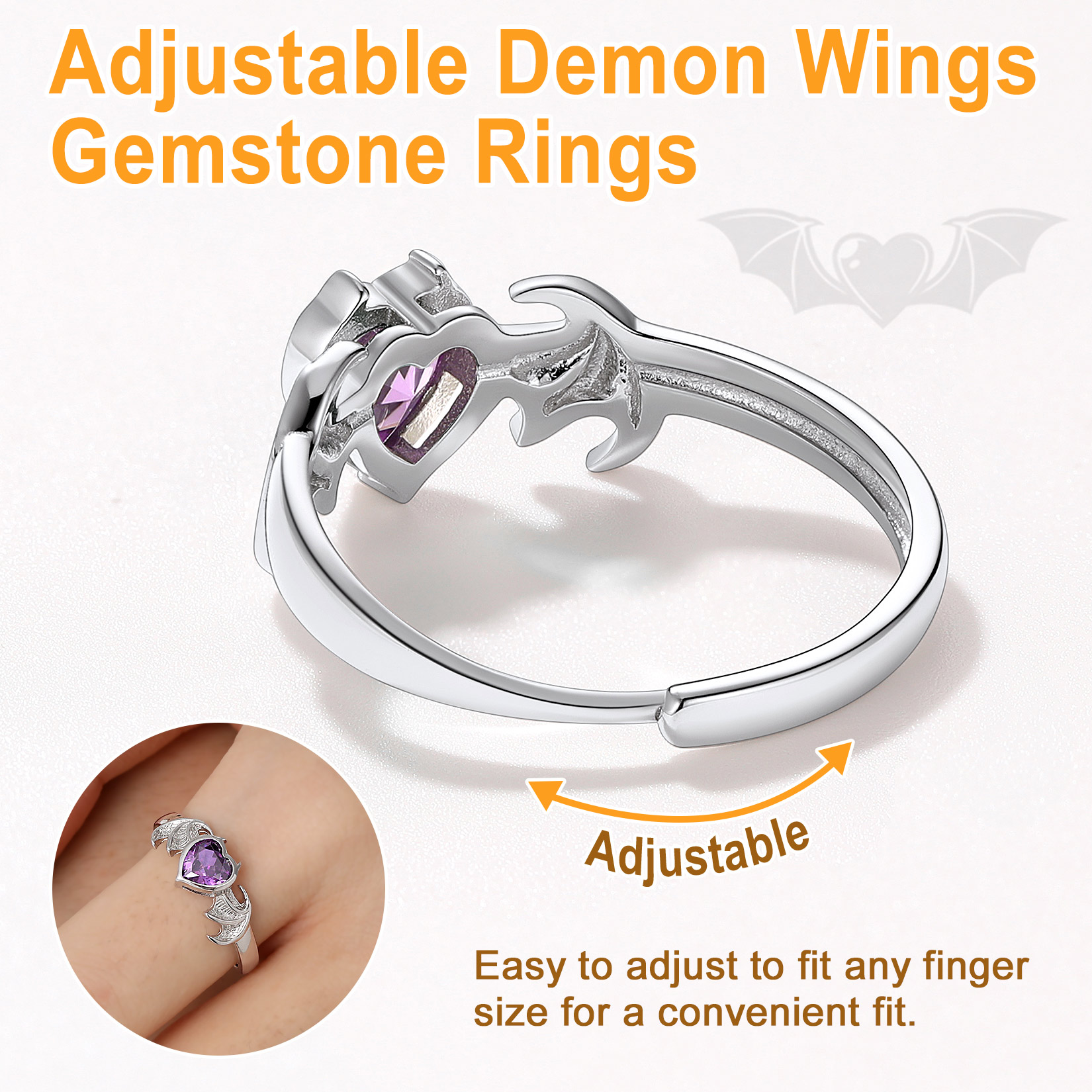 Sterling Silver Heart Birthstone Demon wings Adjustable Ring for Her