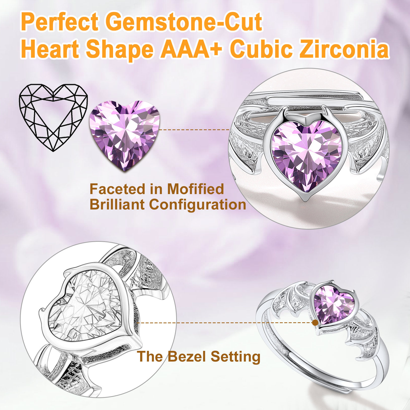Sterling Silver Heart Birthstone Demon wings Adjustable Ring for Her