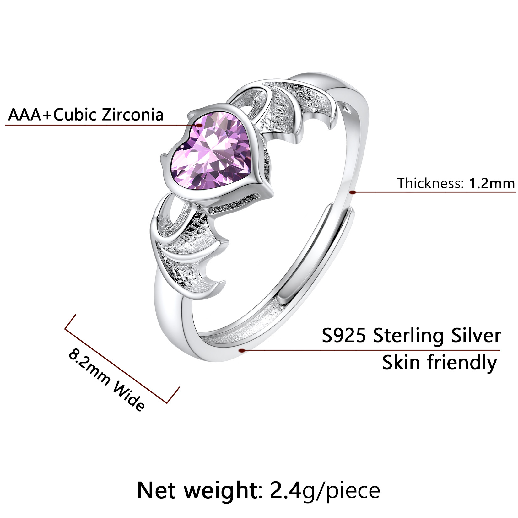 Sterling Silver Heart Birthstone Demon wings Adjustable Ring for Her