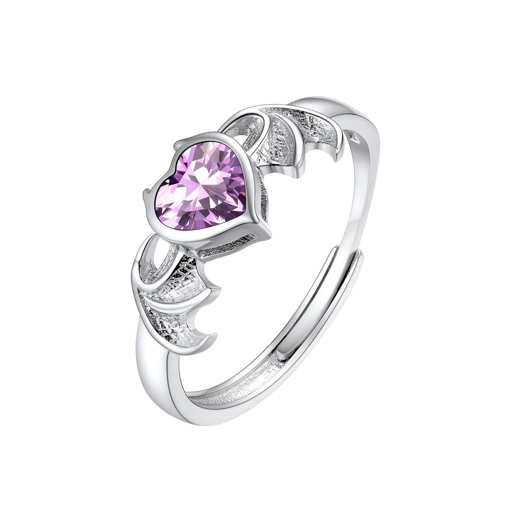 Sterling Silver Heart Birthstone Demon wings Adjustable Ring for Her