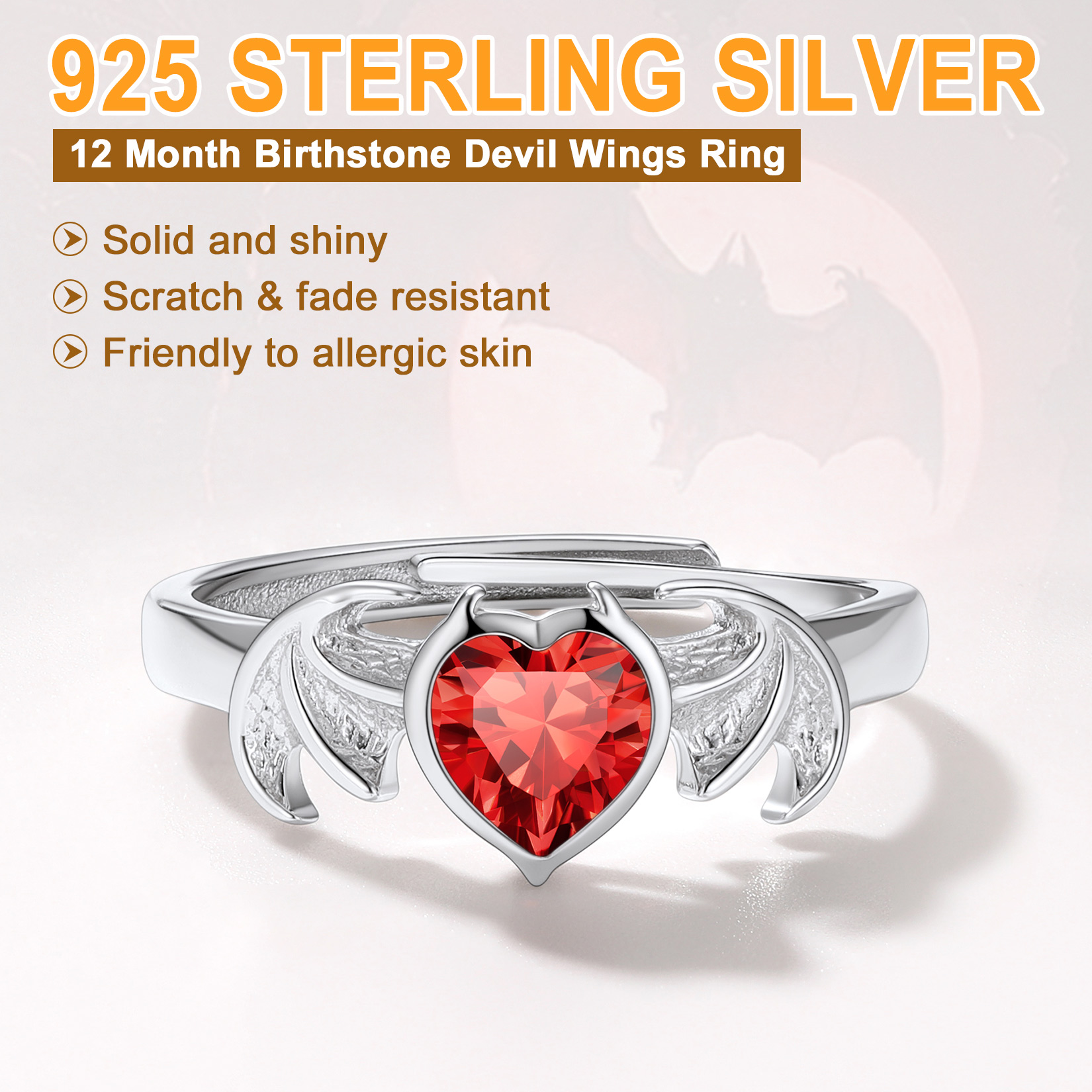 Sterling Silver Heart Birthstone Demon wings Adjustable Ring for Her