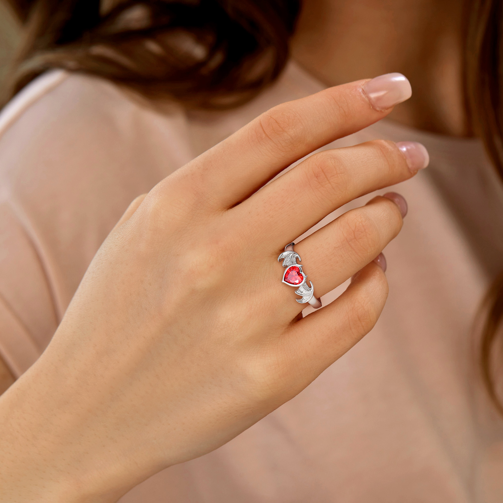 Sterling Silver Heart Birthstone Demon wings Adjustable Ring for Her