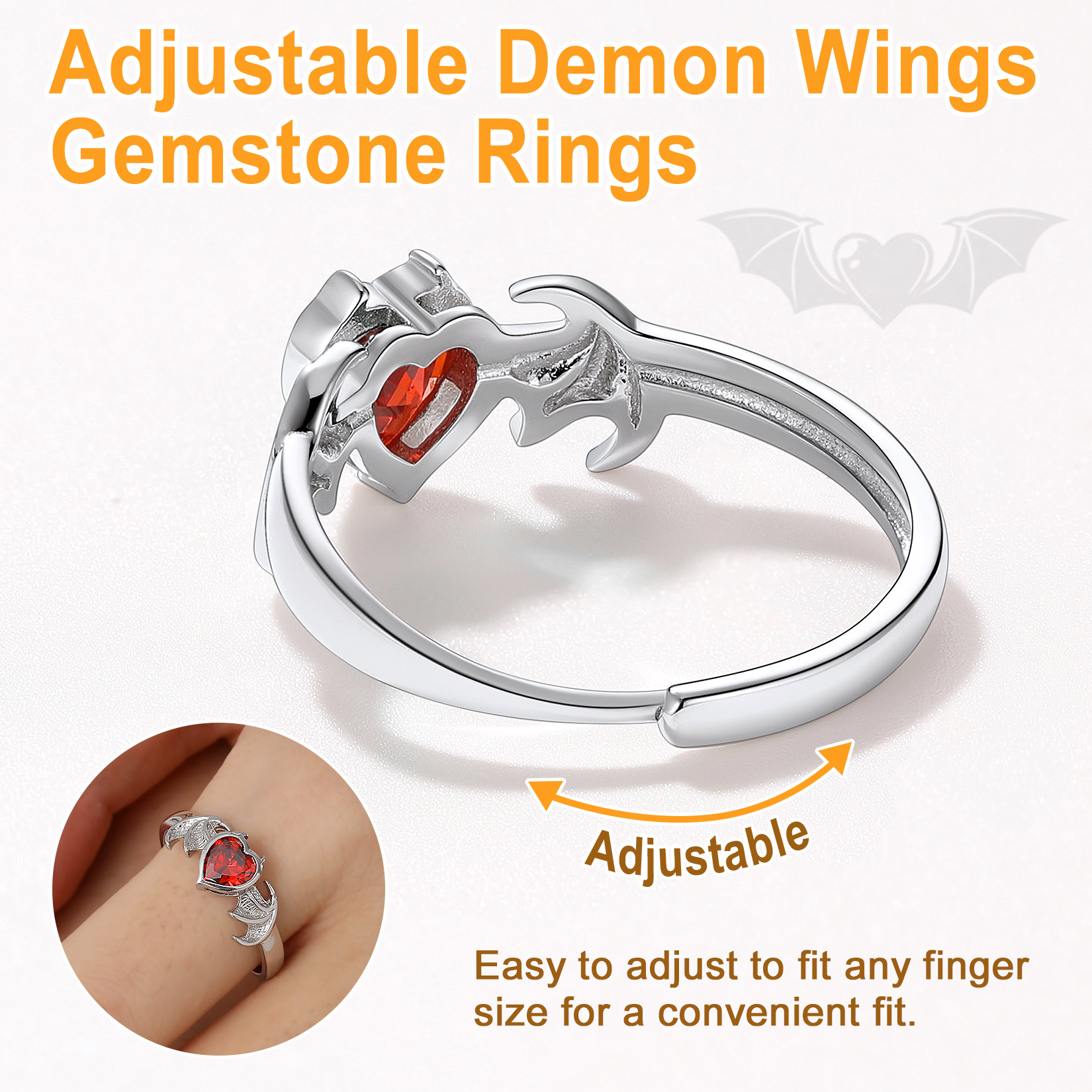 Sterling Silver Heart Birthstone Demon wings Adjustable Ring for Her